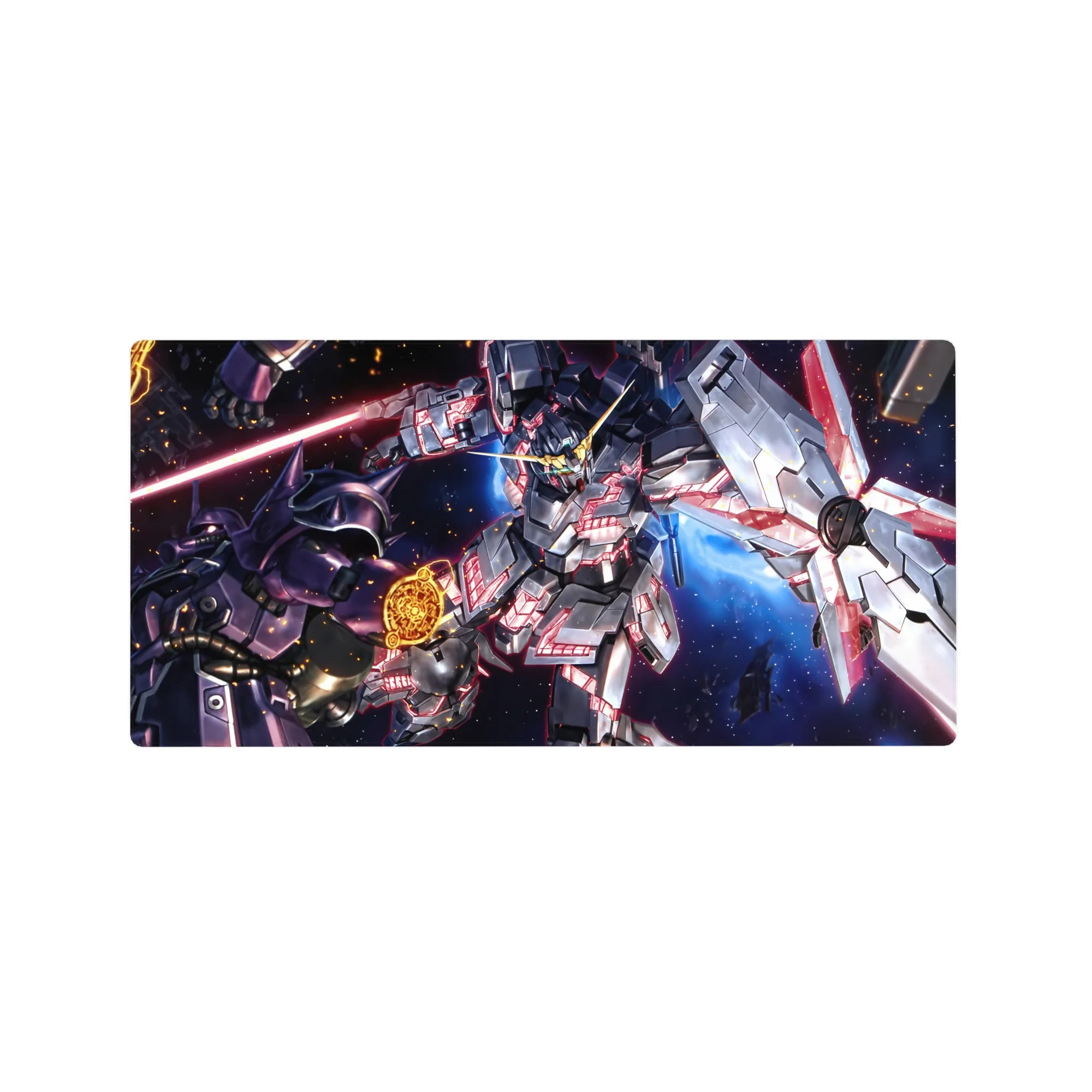 32x16 inches anime mouse pad with Gundam battle artwork, Unicorn vs Kshatriya in deep-space clash.