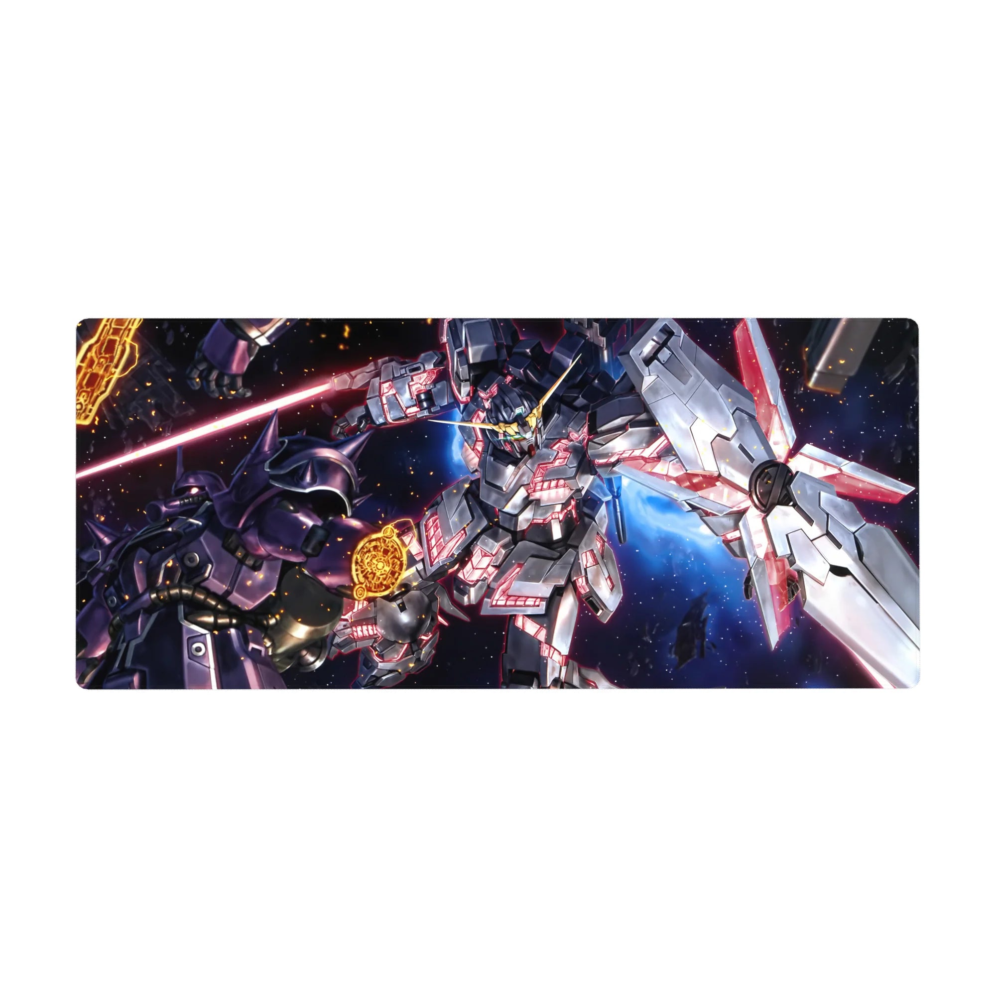 36x16 inches anime desk pad with Gundam battle art, neon psycho-frame accents and sleek glide surface.