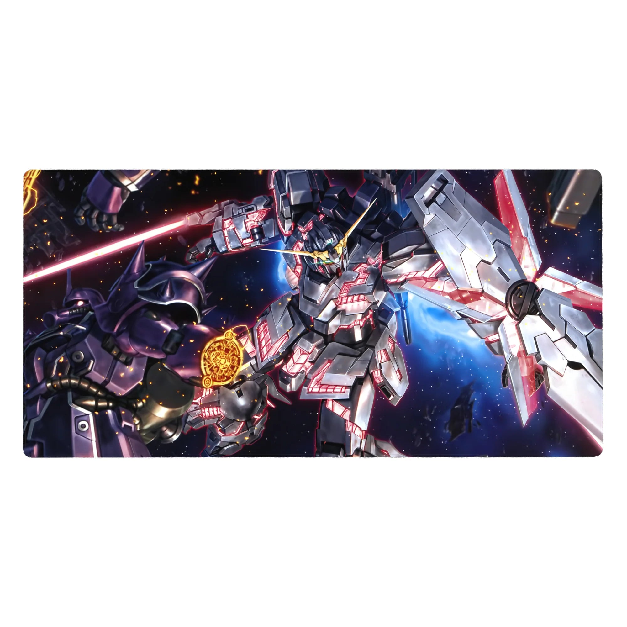 Anime desk pad 40x20 inches with Gundam battle art, smooth gaming surface and high-detail mecha scene.