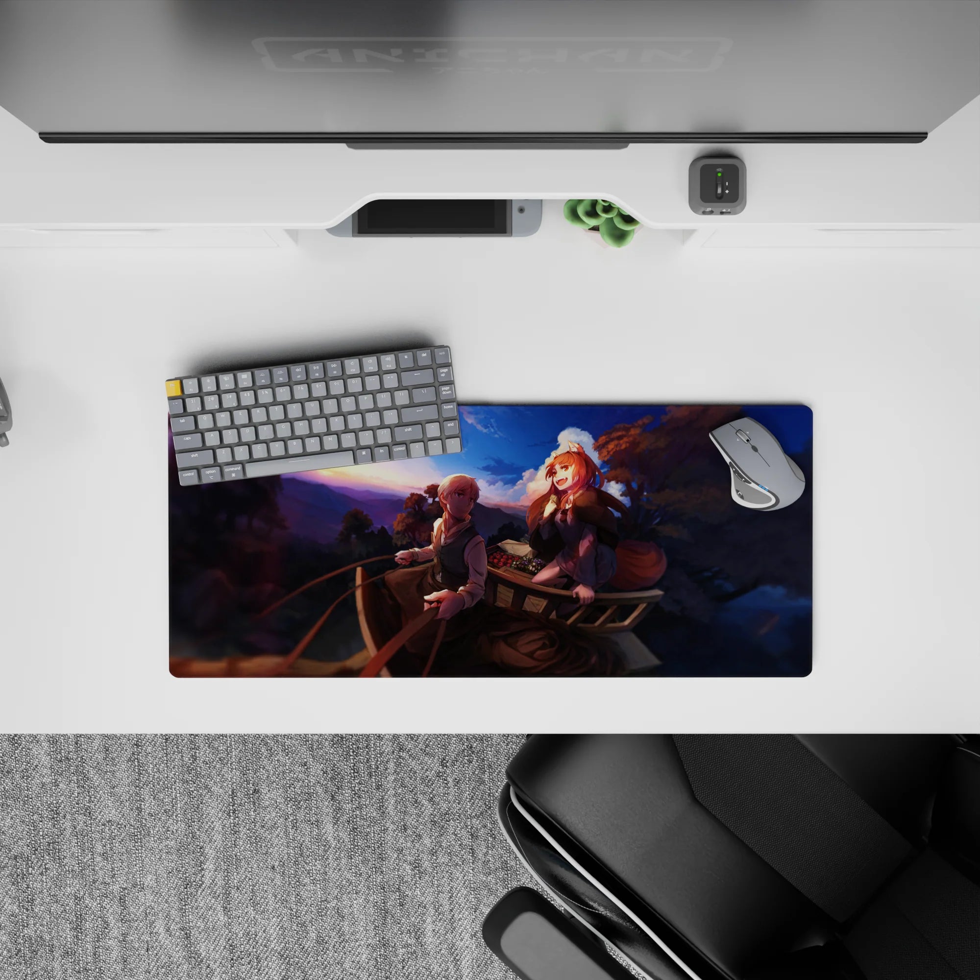 Violet-and-gold sunset anime mouse pad 28x12 inches, warm road-trip vibe with glowing horizon.