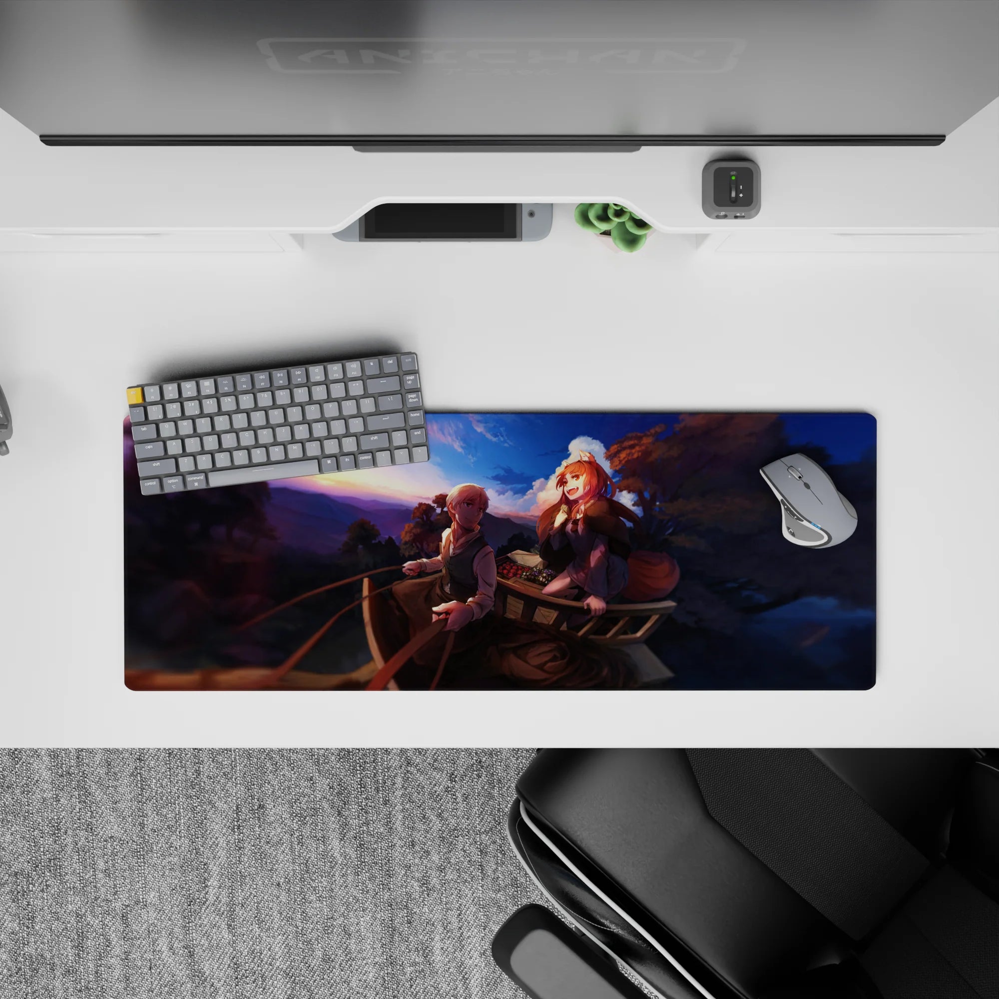32x12 inches anime mouse pad in violet and gold sunset tones, cozy road-trip vibe, smooth tracking.