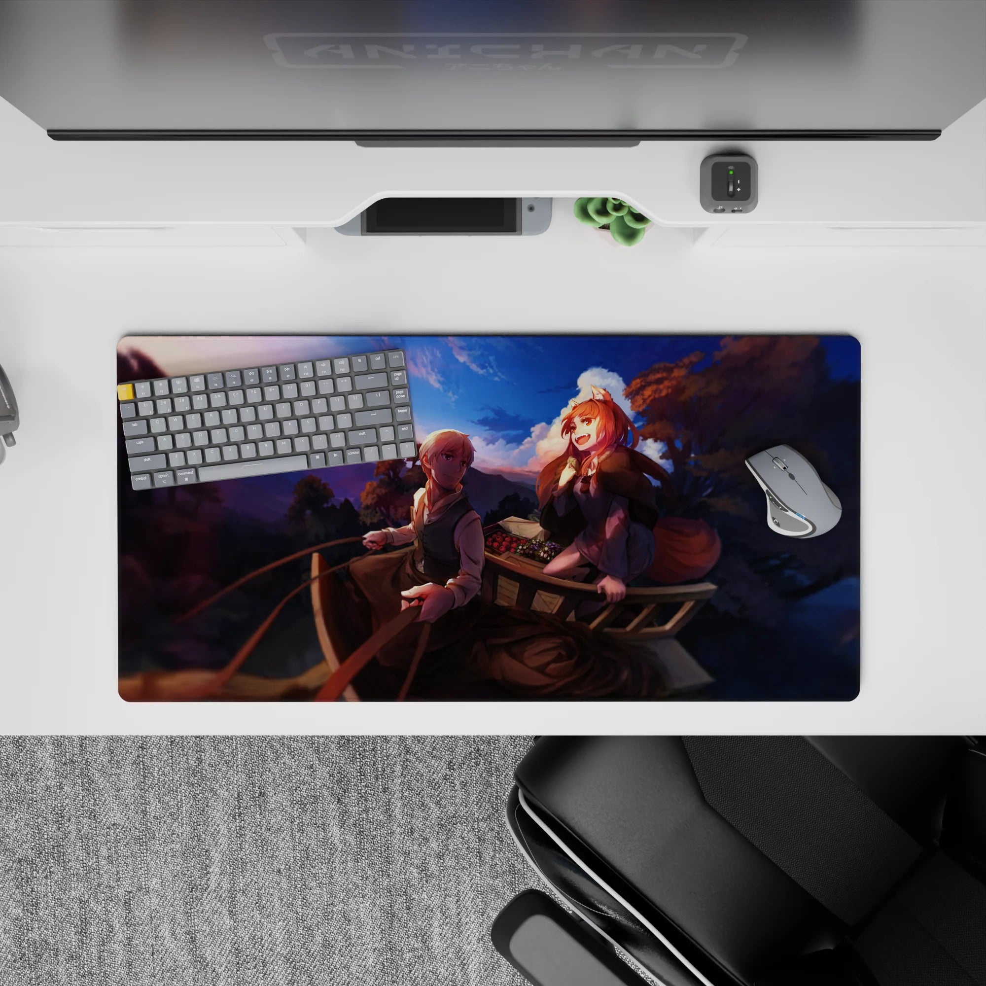 32x16 inches anime mouse pad in violet and gold sunset tones, cozy road-trip vibe, smooth desk mat.