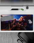 32x16 inches anime mouse pad in violet and gold sunset tones, cozy road-trip vibe, smooth desk mat.