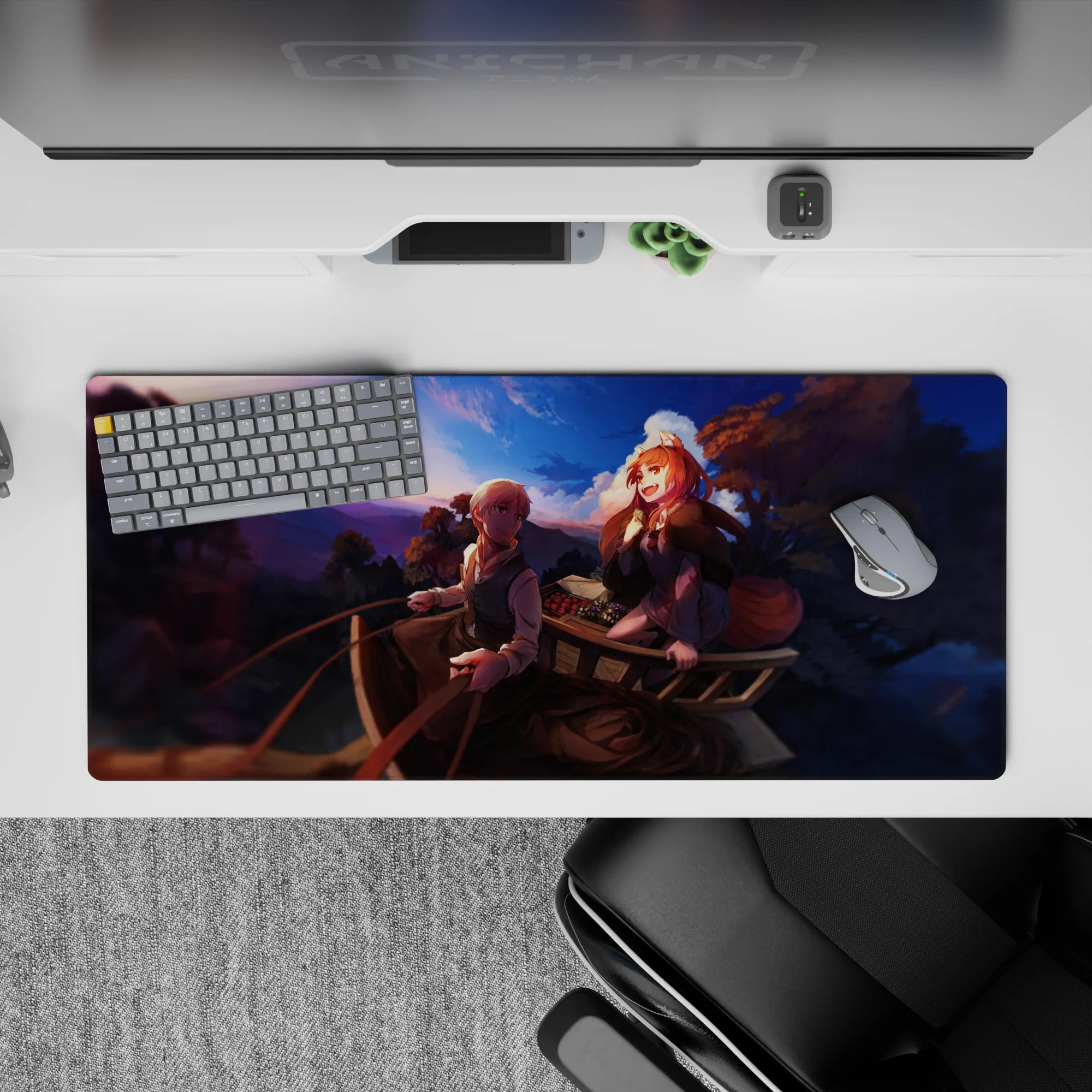 36x16 inches anime desk pad in violet and gold sunset hues, warm road-trip vibe, smooth clean edges.