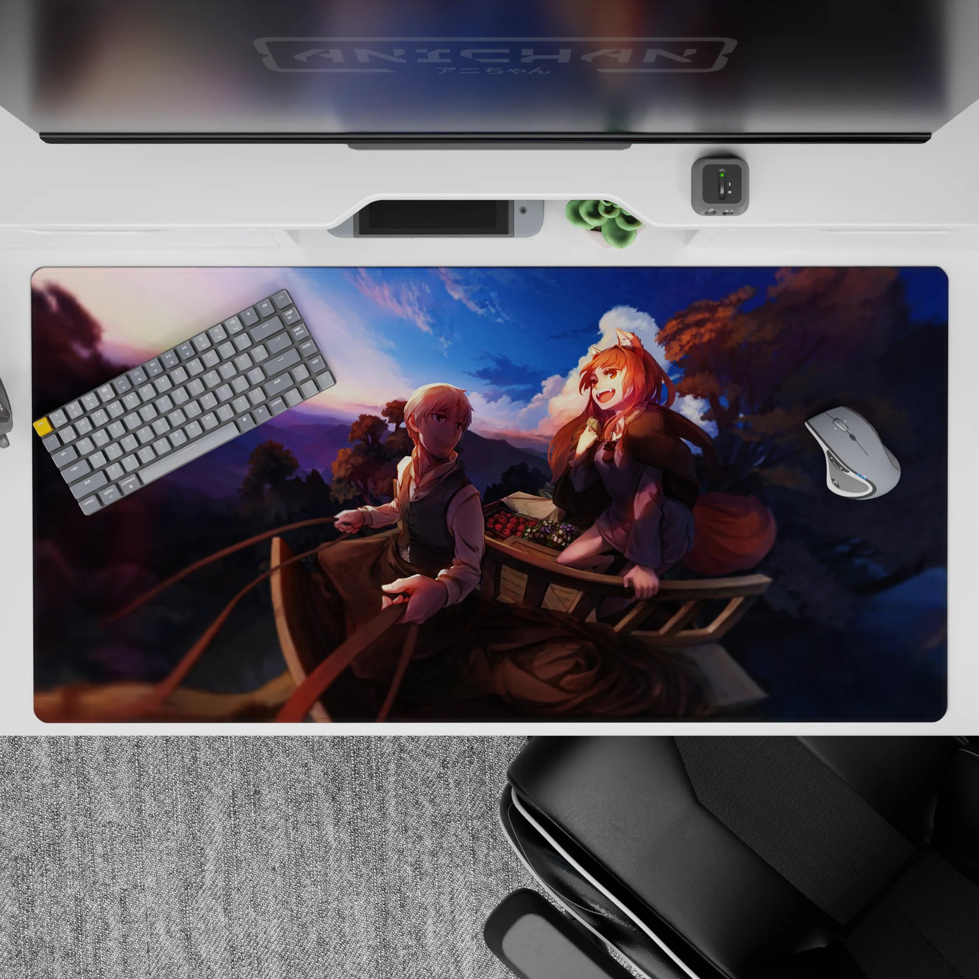 40x20 inches anime desk pad in violet and gold sunset tones, cozy road-trip vibe with smooth tracking.