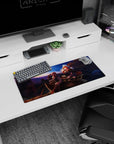 Anime mouse pad 28x12 inches showing calm reinsman beside laughing fox-eared girl in dark cloak and tail.