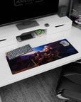 32x12 inches anime mouse pad showing reins-holding traveler and laughing fox-eared girl in a glowing sky.