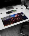 32x16 inches anime mouse pad showing reins-holding traveler and laughing fox-girl in cloak and tail.