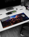 Anime desk pad 36x16 inches showing fox-eared girl laughing beside a wagon traveler holding reins at dusk.