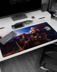40x20 inches anime desk pad showing reins-holding traveler beside laughing fox-eared girl in dark cloak and tail.