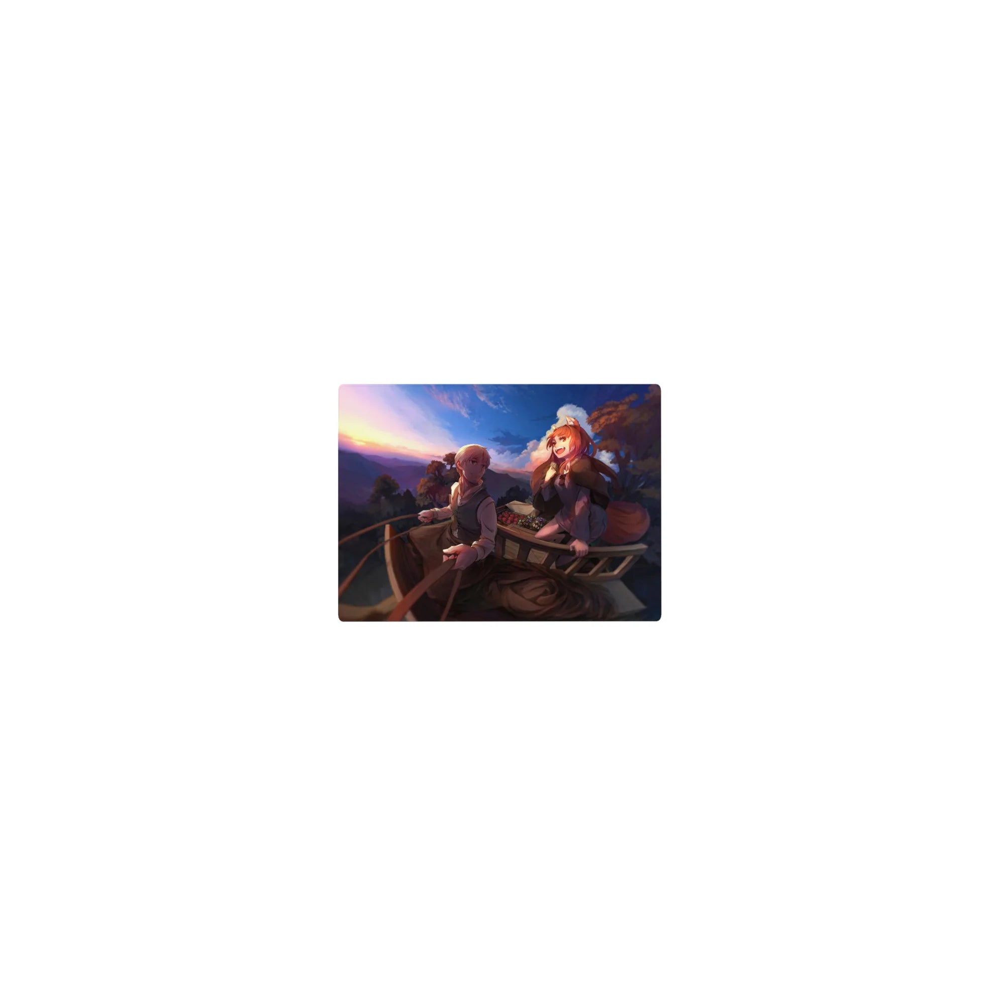 Classic anime mouse pad 14x10 inches with traveler and fox-eared girl in wagon at sunset horizon.