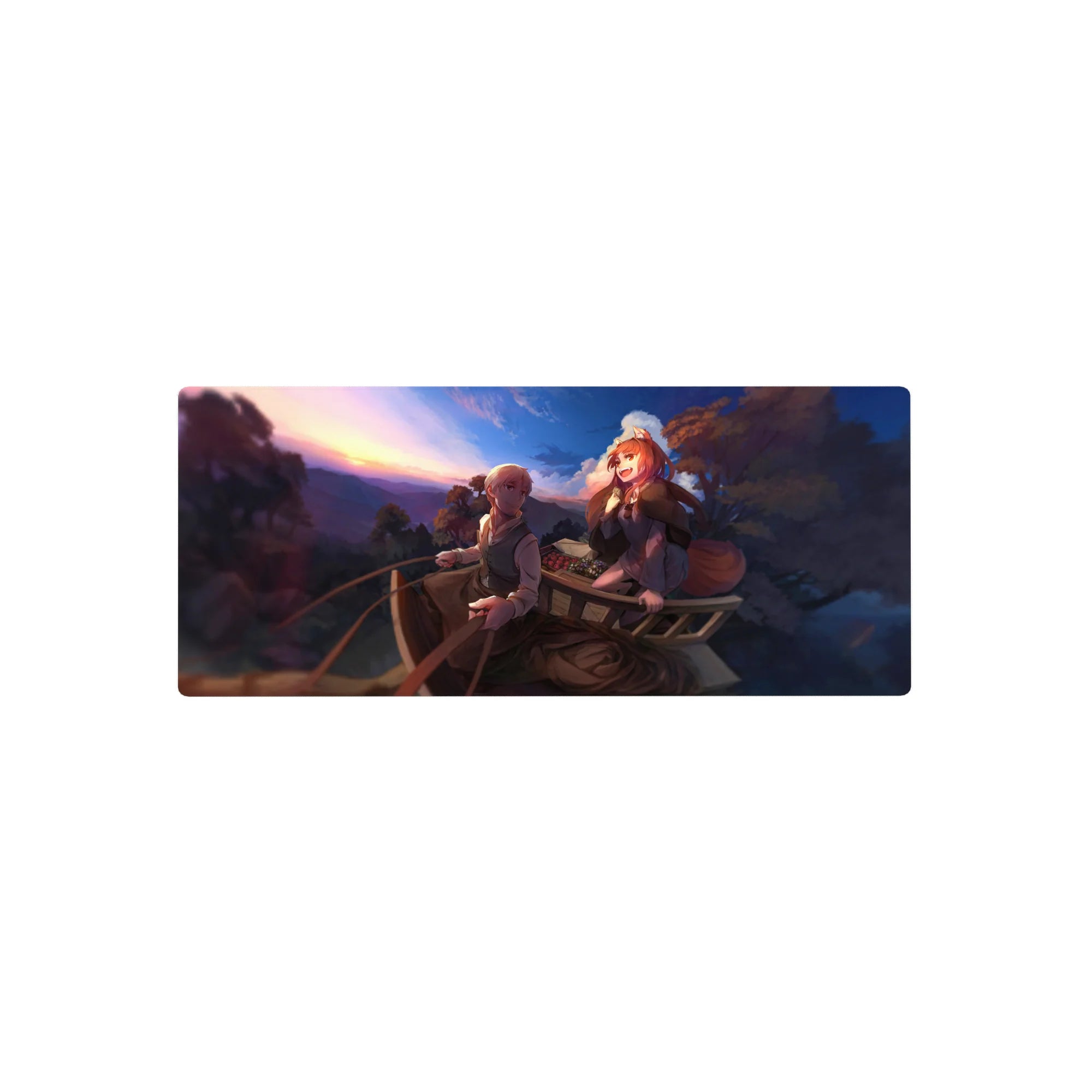 Anime mouse pad 28x12 inches with sunset wagon journey, traveler and fox-eared girl, fruit basket detail.