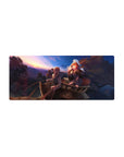 Anime mouse pad 28x12 inches with sunset wagon journey, traveler and fox-eared girl, fruit basket detail.