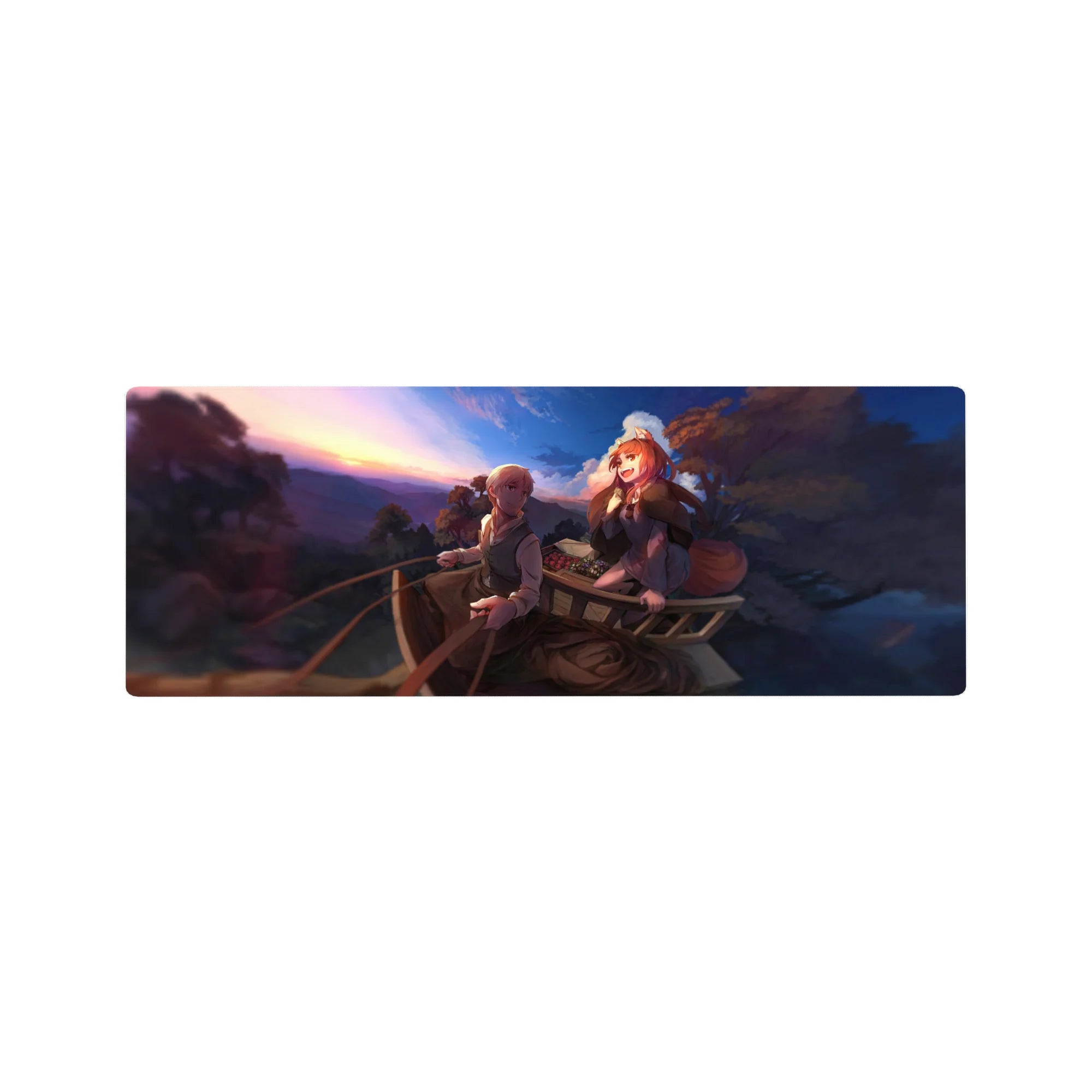 32x12 inches anime mouse pad with sunset wagon travel scene, fox-eared girl, traveler, and fruit basket.