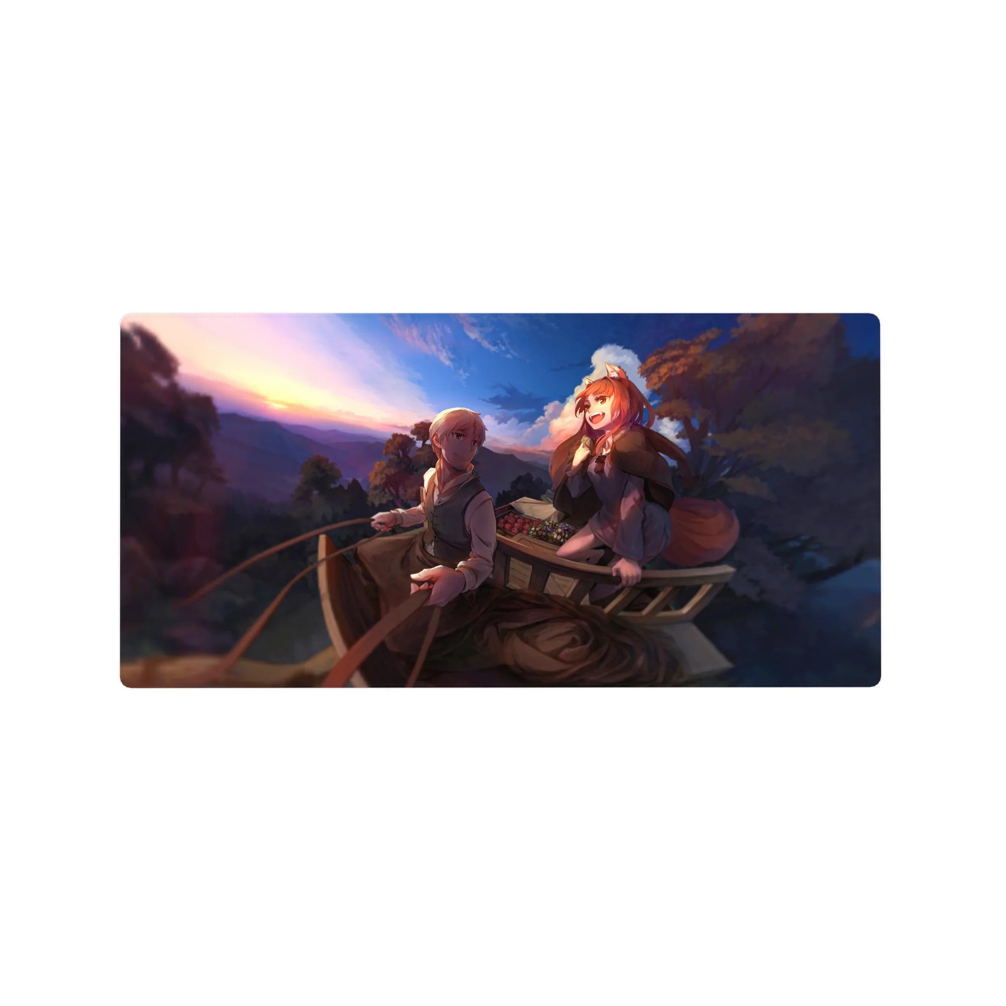 32x16 inches anime mouse pad with sunset wagon journey, traveler and fox-eared girl, fruit basket detail.