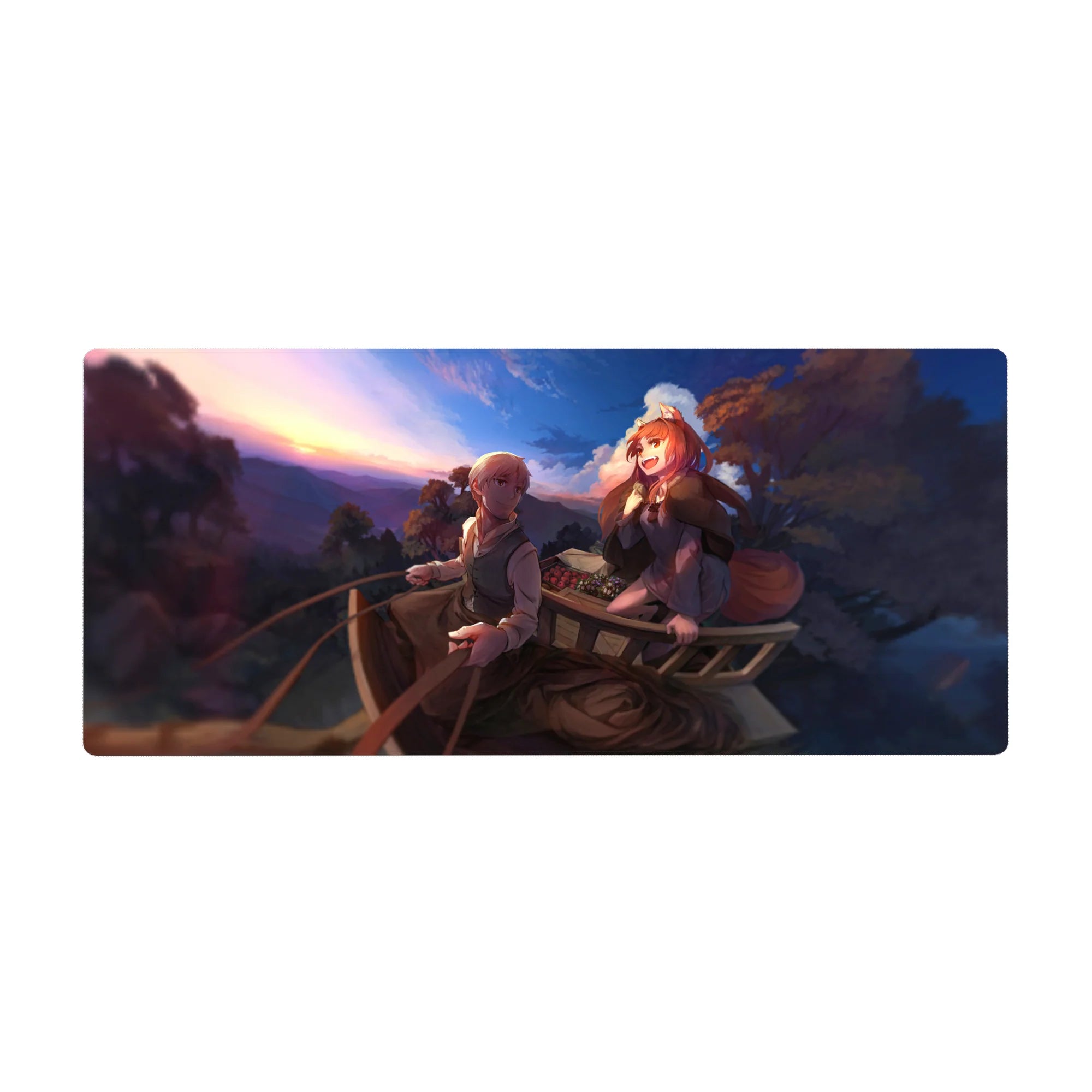Anime desk pad 36x16 inches with sunset wagon ride, traveler and fox-eared girl, fruit basket detail.