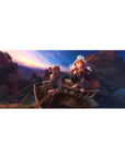 Anime desk pad 36x16 inches with sunset wagon ride, traveler and fox-eared girl, fruit basket detail.