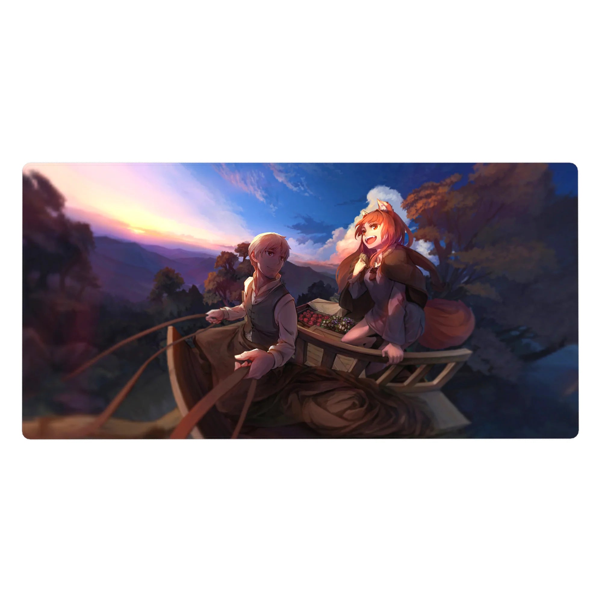 Anime desk pad 40x20 inches with traveler and fox-eared girl on a wagon at sunset, fruit basket detail.