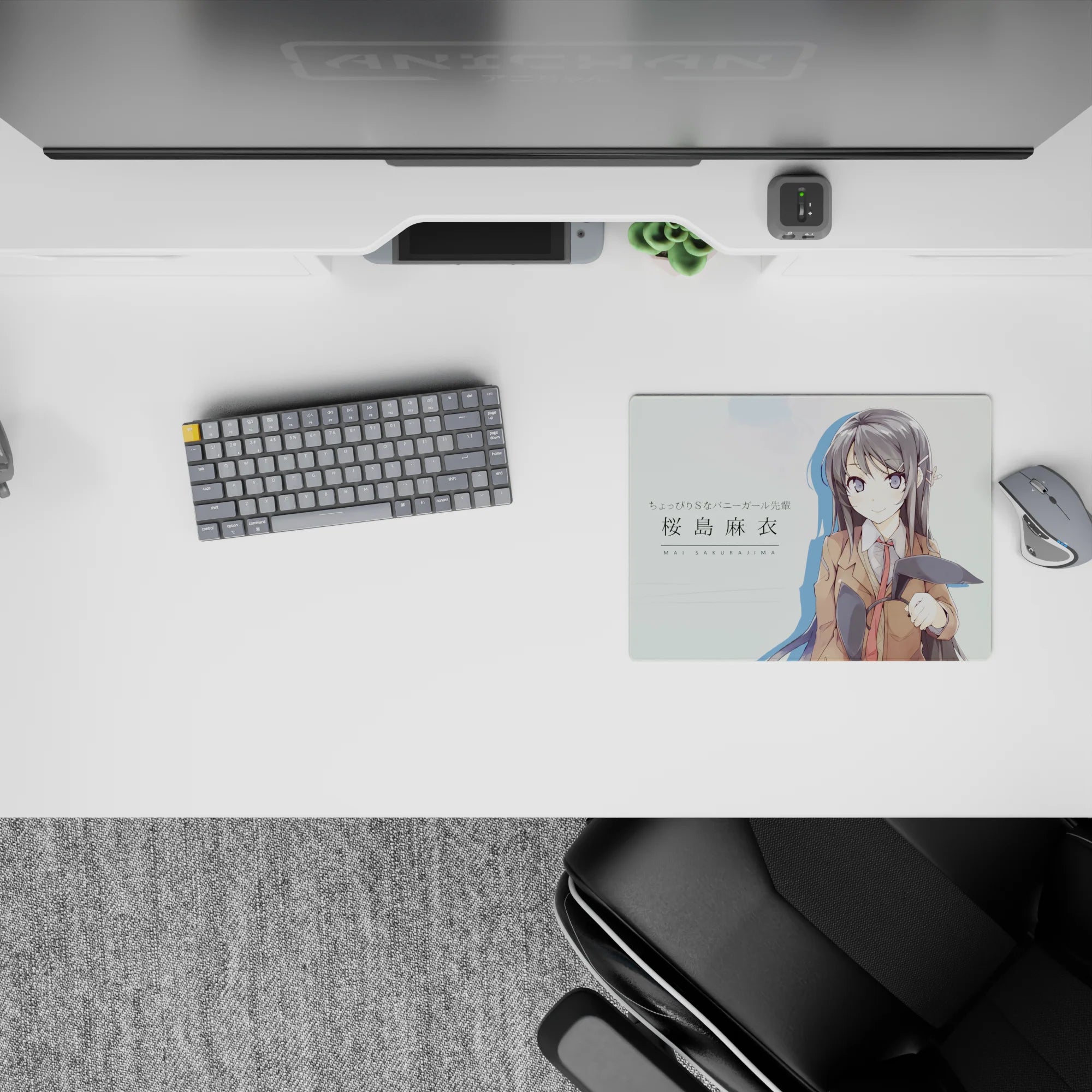 Mint white backdrop and inky hair on a 14x10 inches anime mouse pad, calm cute flirty desk vibe.