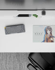 Mint white backdrop and inky hair on a 14x10 inches anime mouse pad, calm cute flirty desk vibe.