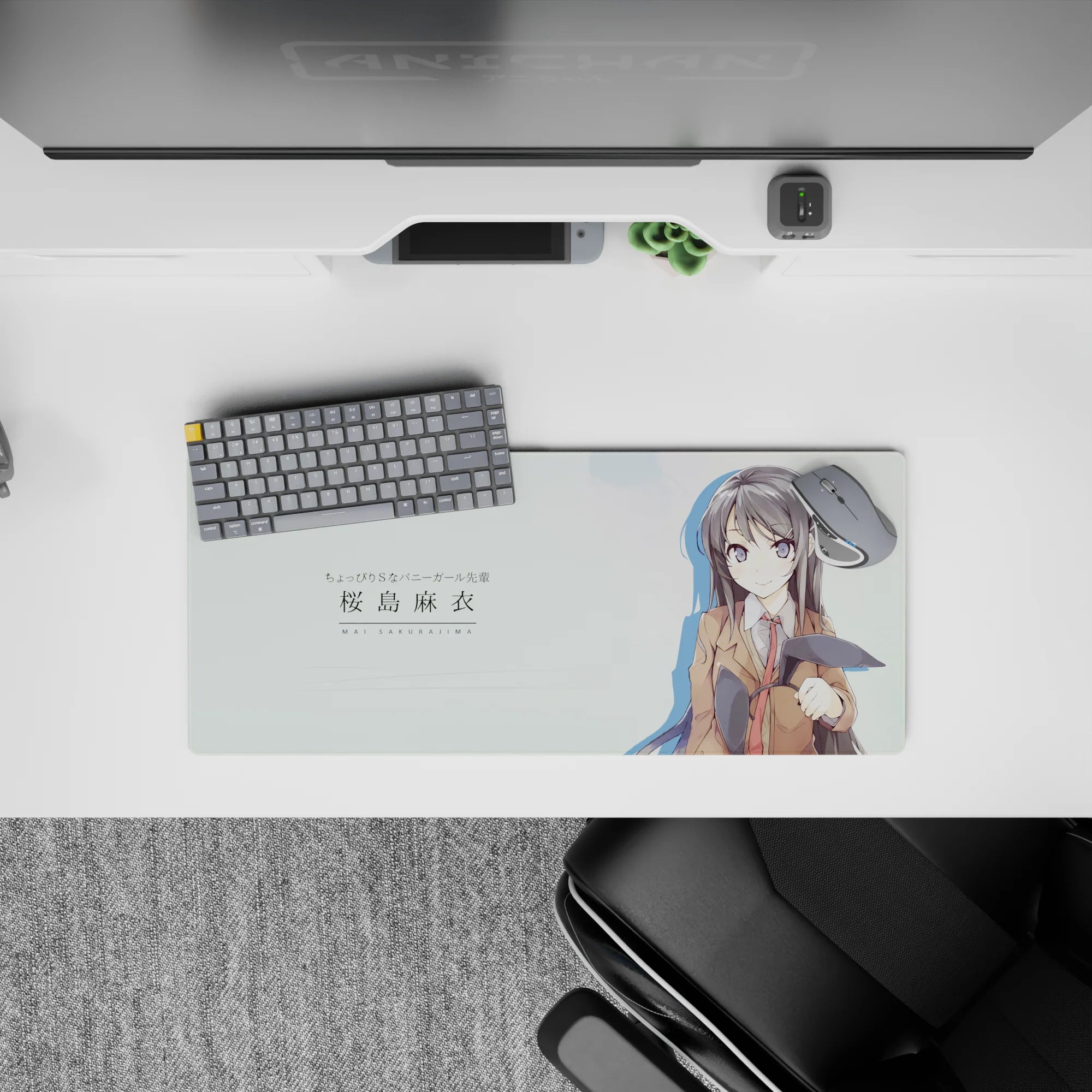28x12 inches pastel mint desk mouse pad, inky hair and violet accents, calm cute flirty anime vibe.