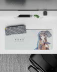 28x12 inches pastel mint desk mouse pad, inky hair and violet accents, calm cute flirty anime vibe.