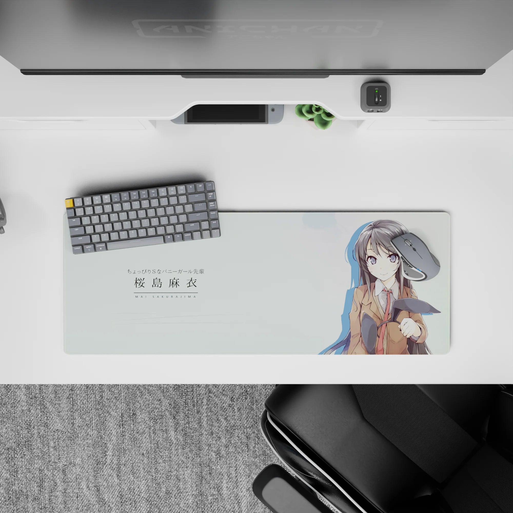 32x12 inches desk mouse pad in soft mint and warm browns, calm cute vibe with crisp anime linework.