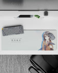 32x12 inches desk mouse pad in soft mint and warm browns, calm cute vibe with crisp anime linework.