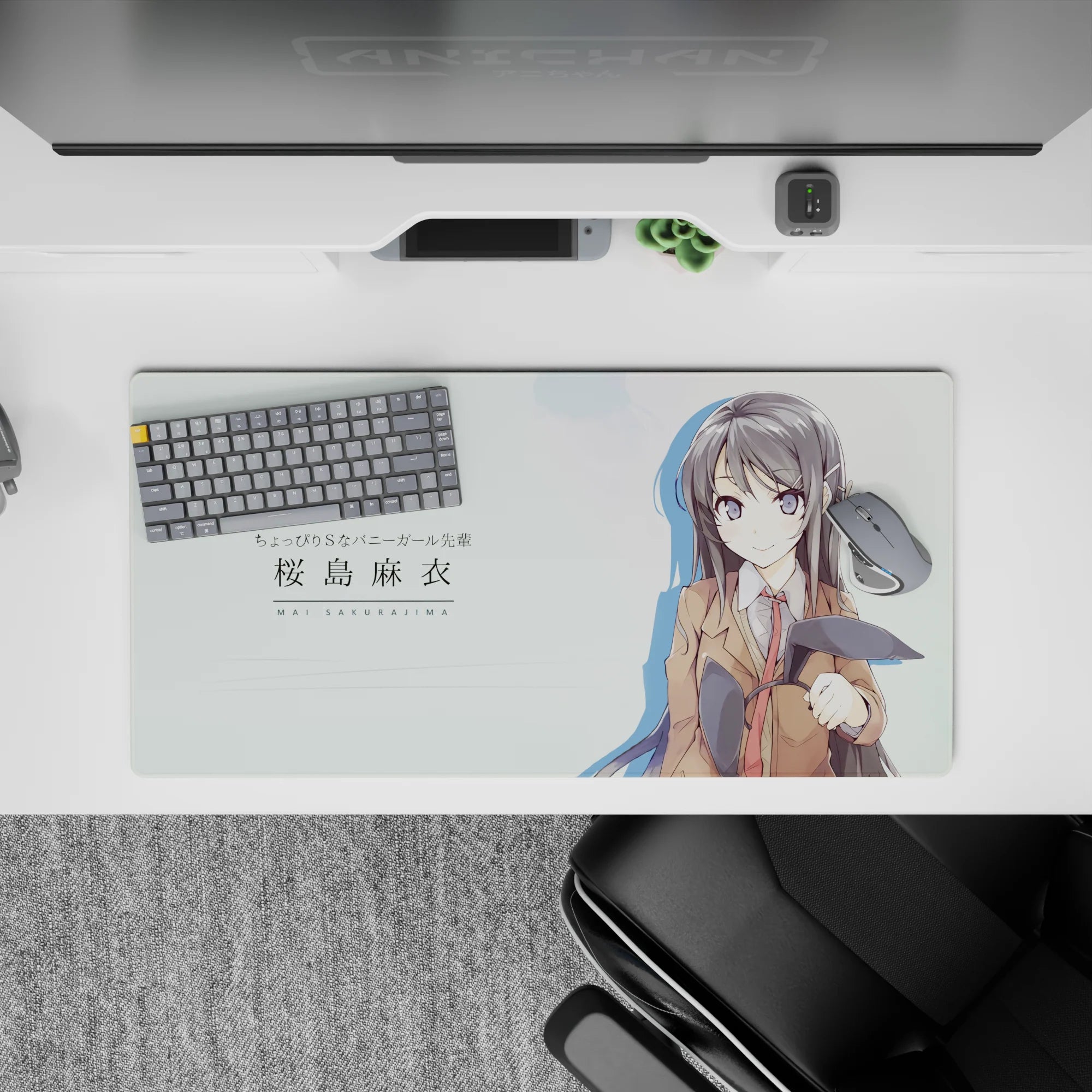 32x16 inches cute flirty mouse pad in mint white and warm brown tones, crisp lines, smooth desk mat feel.
