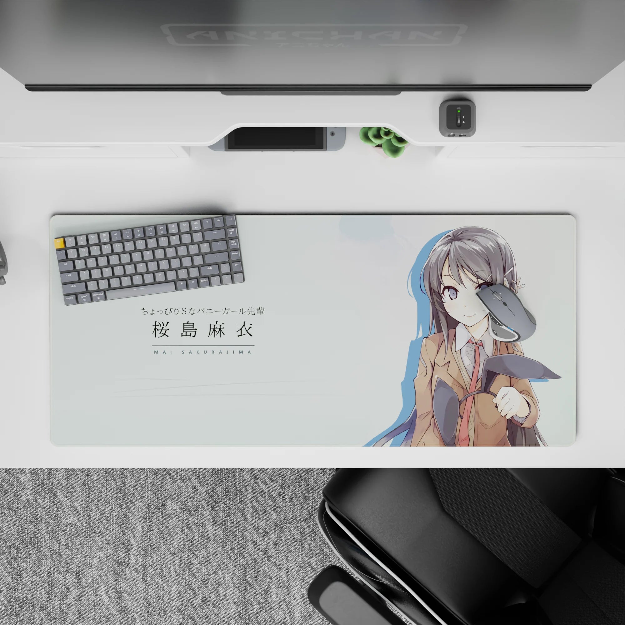 36x16 inches anime desk pad in mint white tones with inky hair, violet eyes, calm cute flirty vibe.