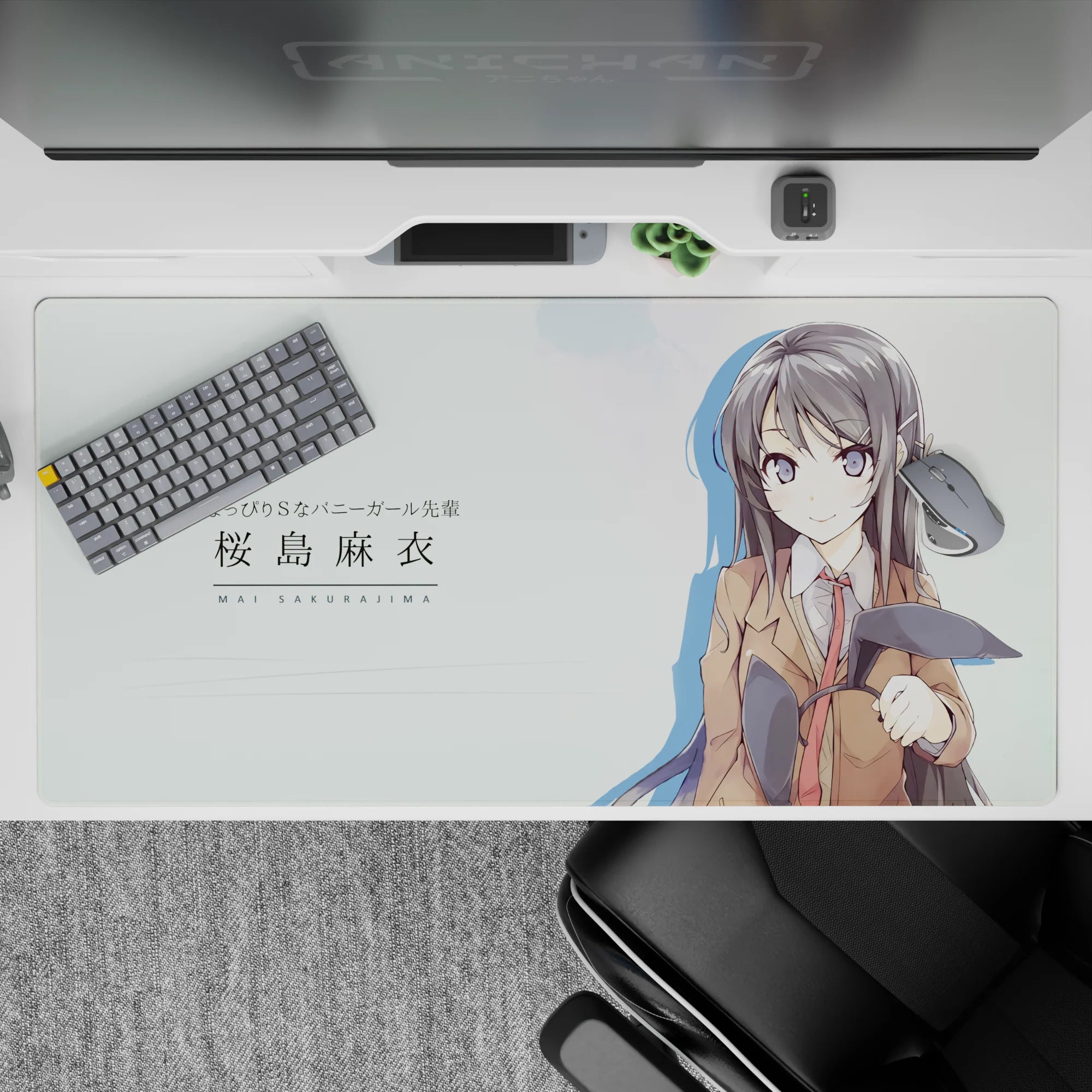 Mint white anime desk pad 40x20 inches with inky hair, violet eyes, calm cute flirty vibe.