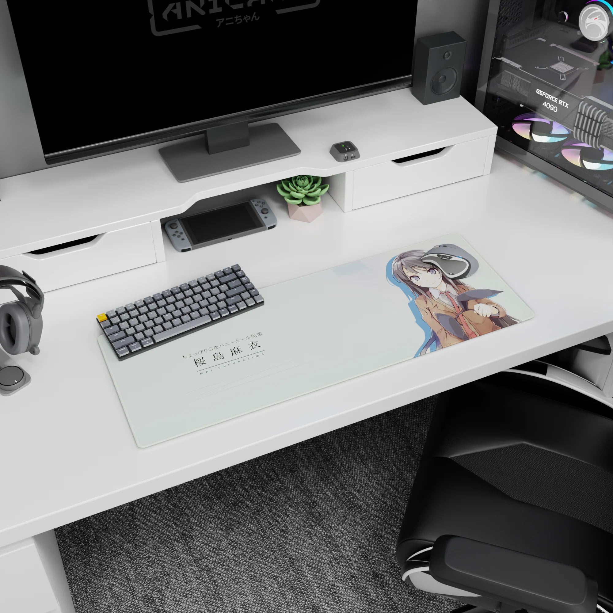 32x12 inches Mai Sakurajima mouse pad from Bunny Girl Senpai, smiling with bunny ears, school blazer look.