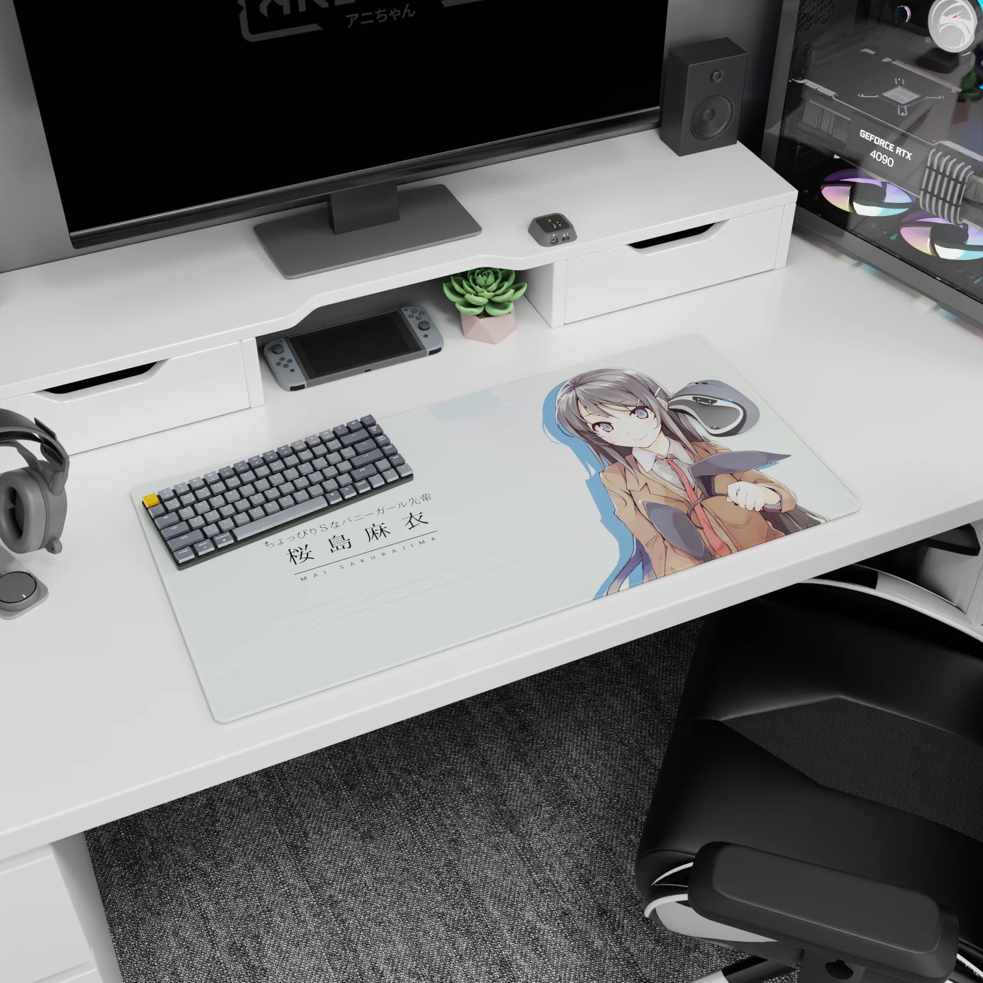 32x16 inches Mai Sakurajima Bunny Girl Senpai mouse pad, smiling school uniform girl holding bunny ears.