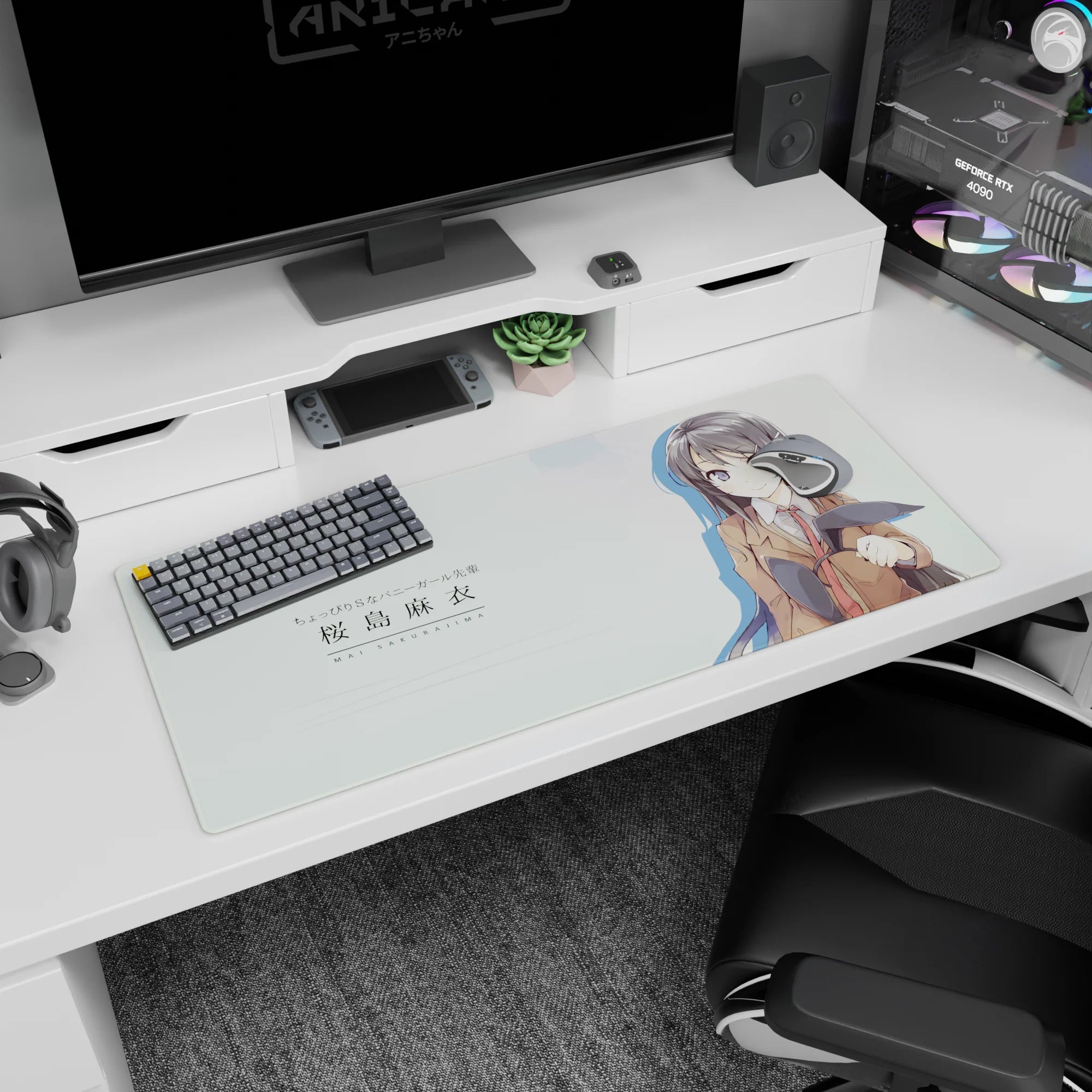 36x16 inches Bunny Girl Senpai desk pad scene: Mai Sakurajima smiling, school blazer, bunny ears in hand.