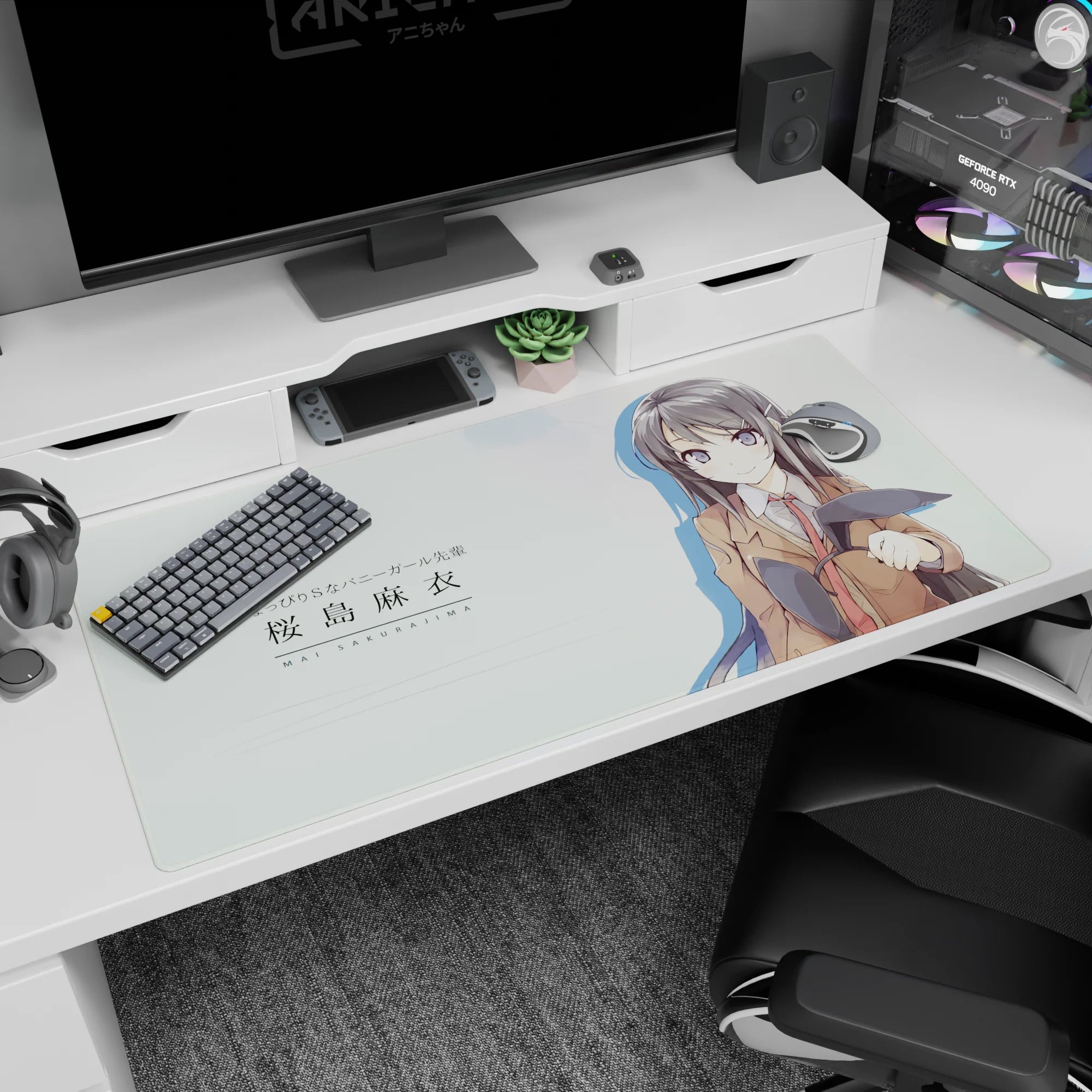Bunny Girl Senpai Mai Sakurajima desk pad 40x20 inches, smiling schoolgirl scene with bunny ears.