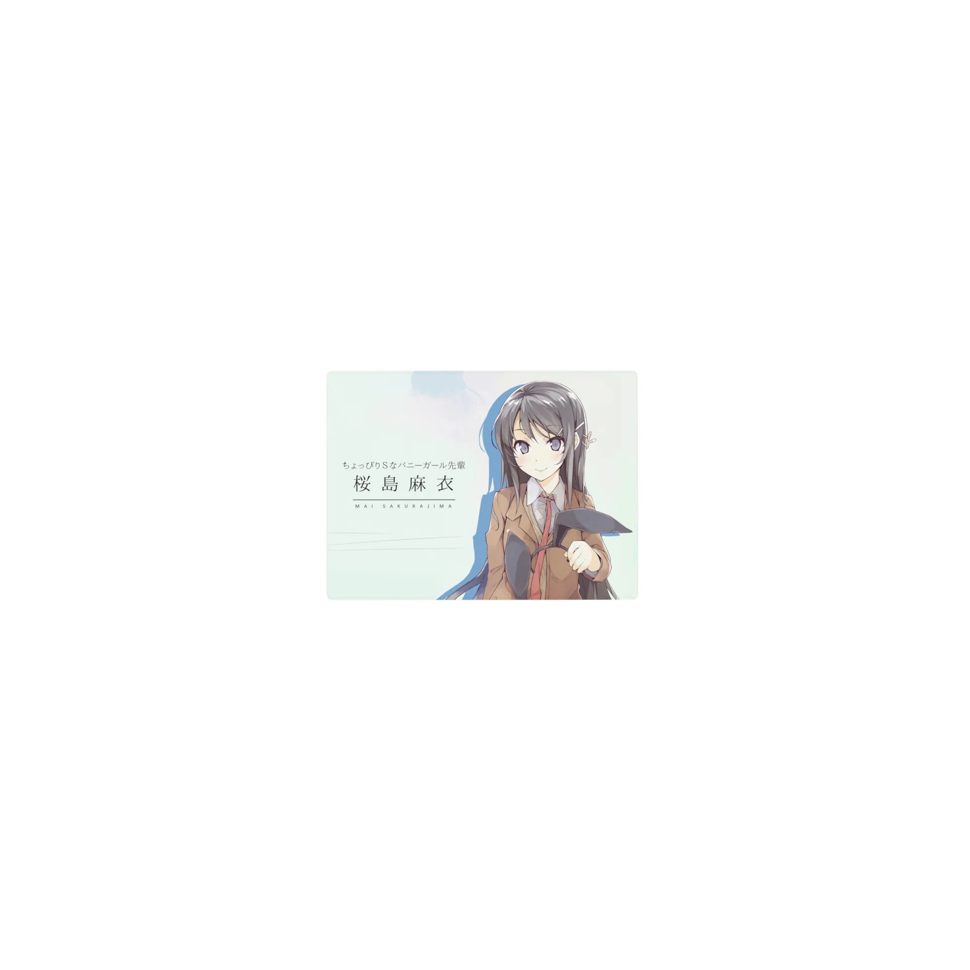 Classic anime girl mouse pad 14x10 inches with school blazer, red tie, violet eyes, bunny ears in hand.