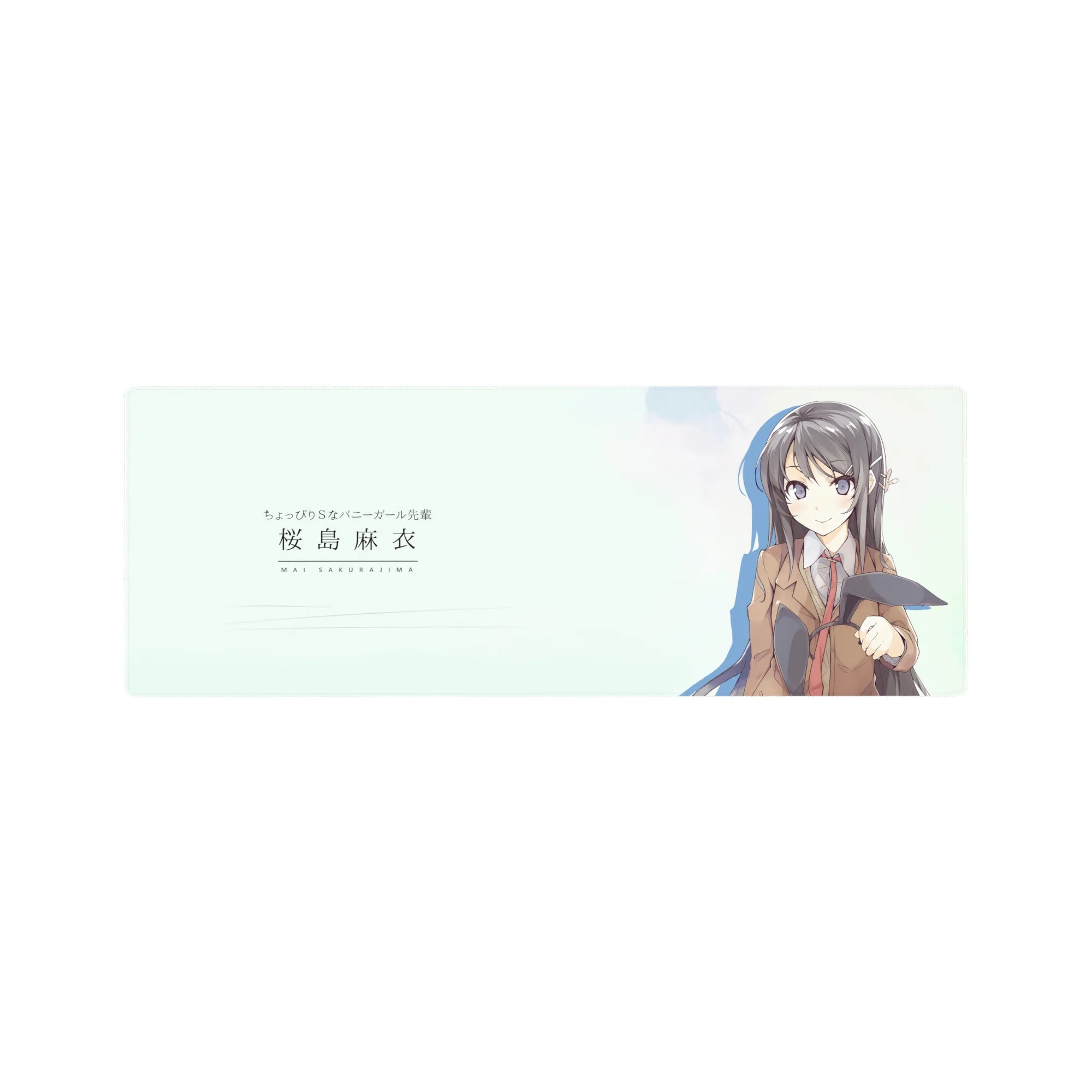 32x12 inches anime girl mouse pad with mint-white backdrop, blazer uniform, violet eyes, and bunny ears in hand.