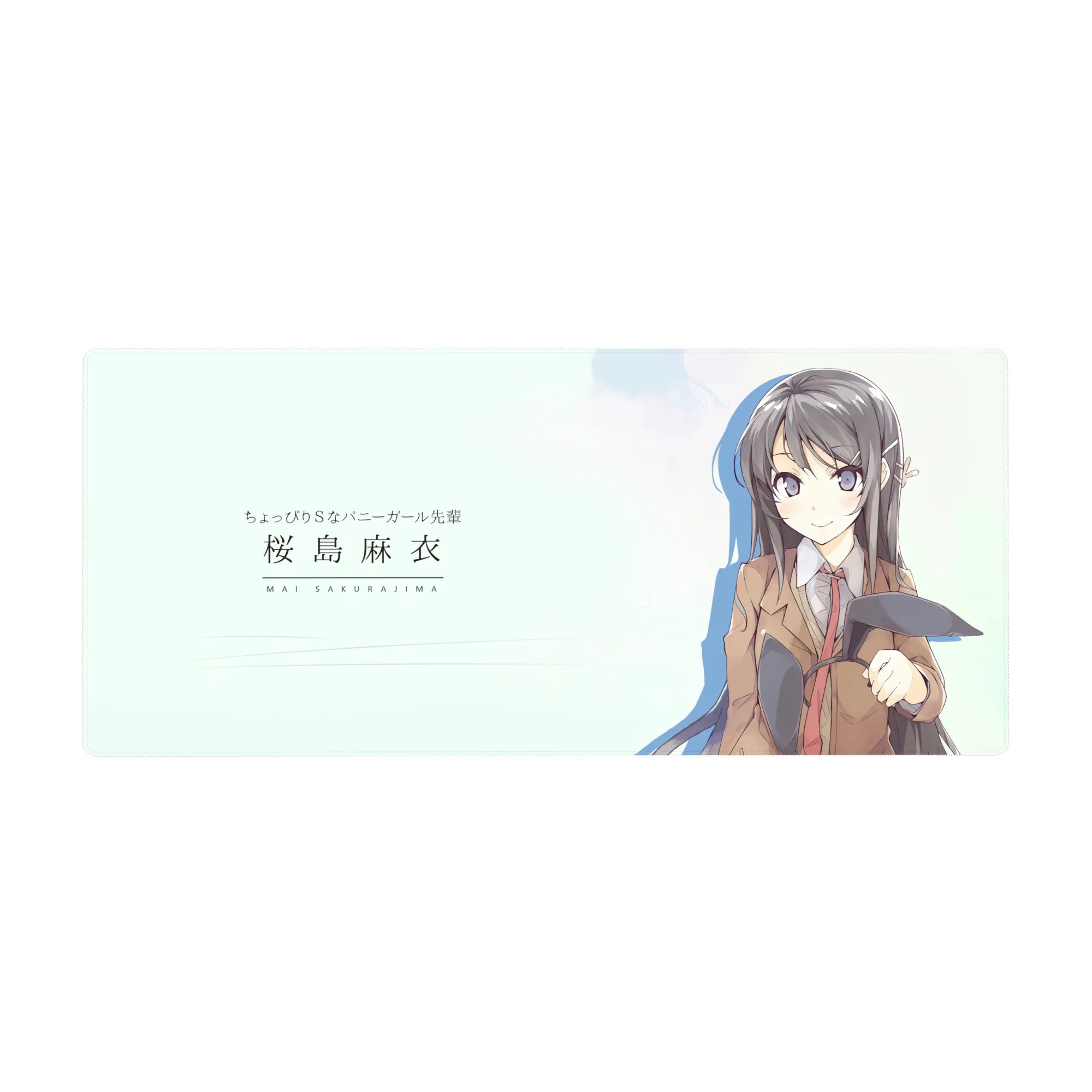 36x16 inches anime girl desk pad with Mai Sakurajima, blazer and red tie, holding bunny ears.
