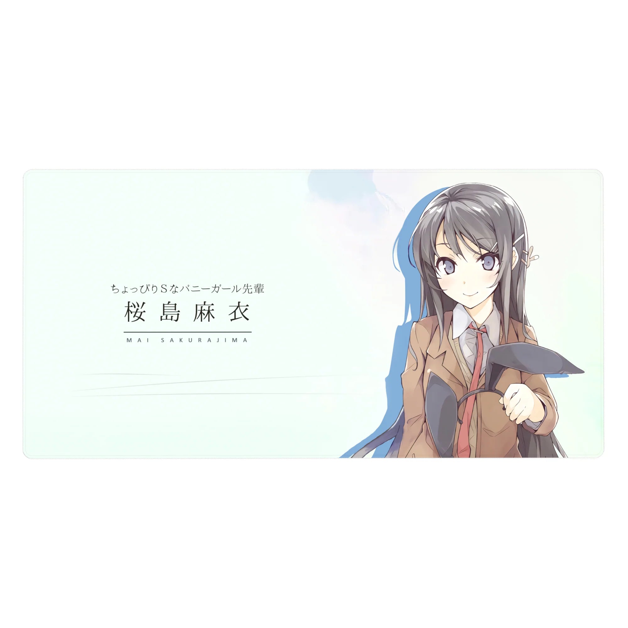 Mai Sakurajima anime girl desk pad 40x20 inches, school blazer, red tie, holding bunny ears.