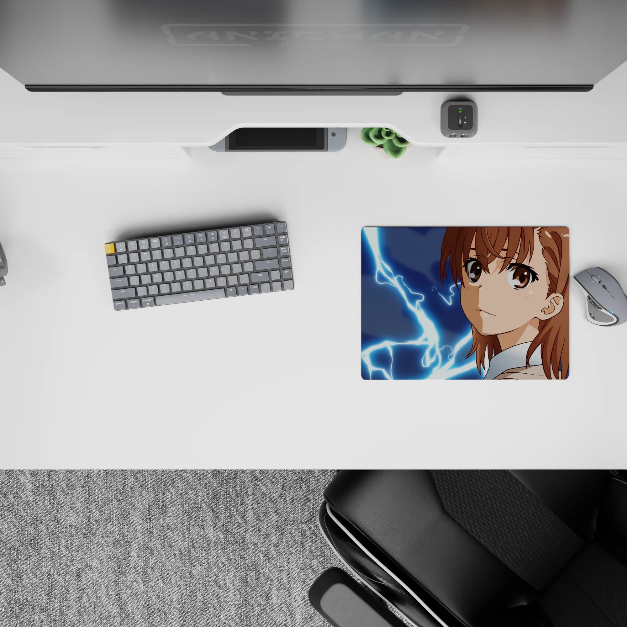 Anime mouse pad 14x10 inches in deep midnight tones with electric blue sparks, warm hair browns, sweet bright eyes.