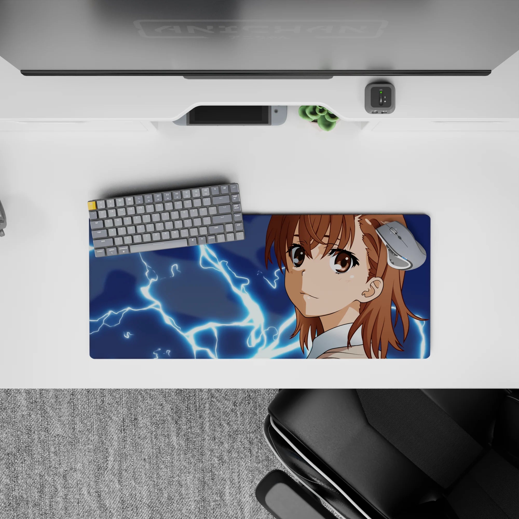 Anime girl mouse pad 28x12 inches in midnight tones with neon-blue sparks, vivid anime desk mat.