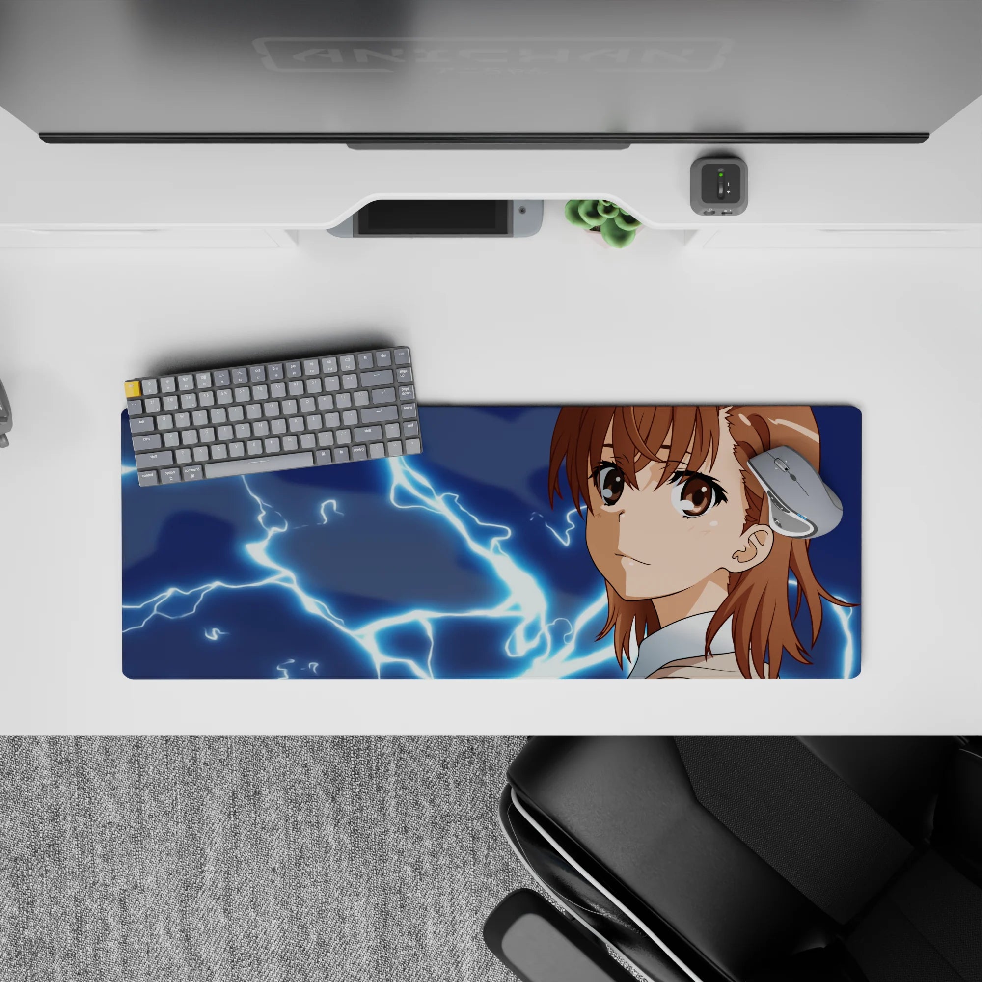 32x12 inches extended mouse pad in deep midnight tones with electric neon-blue sparks and warm brown hair accents.