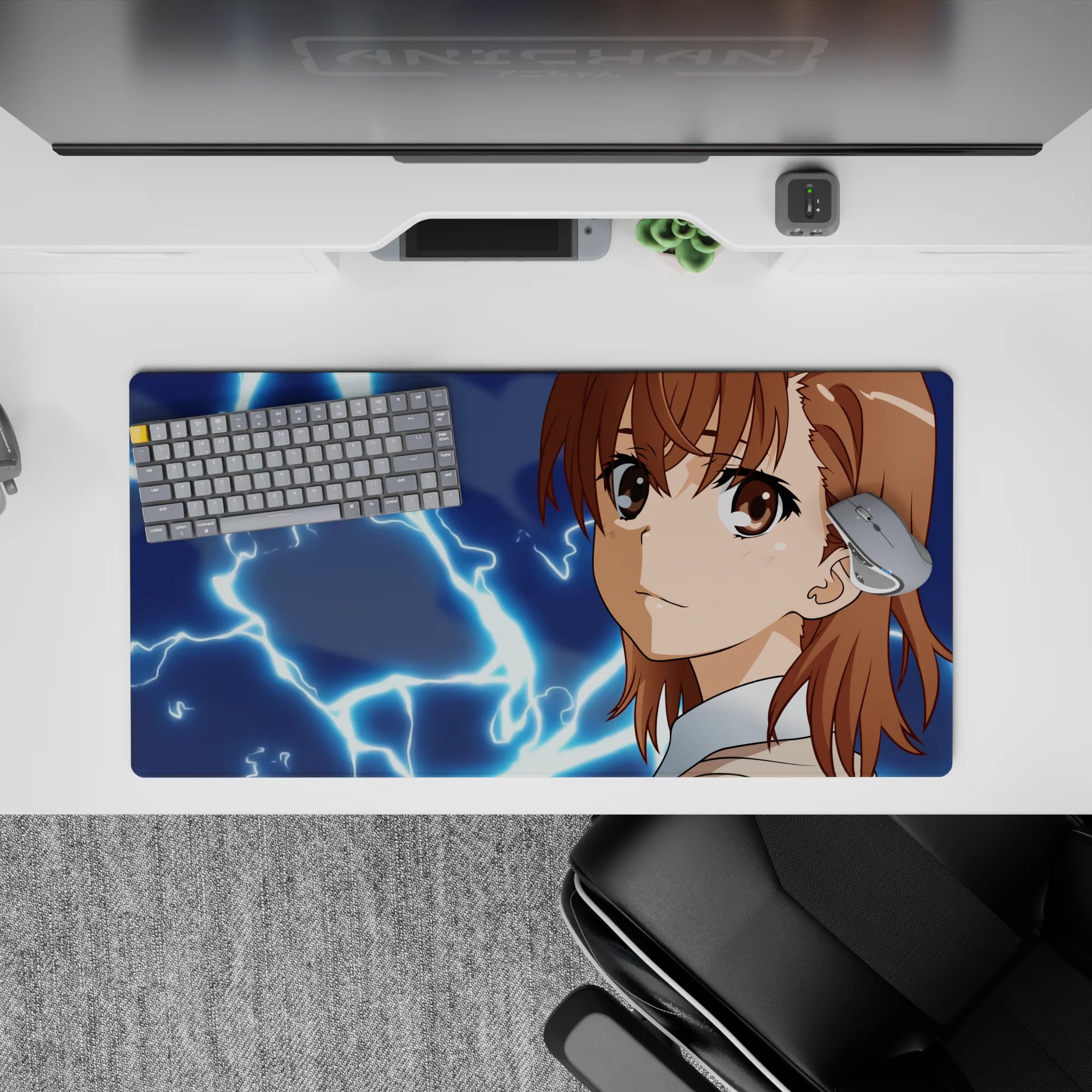 32x16 inches mouse pad in midnight tones with neon-blue sparks, crisp print and electric Railgun vibe.