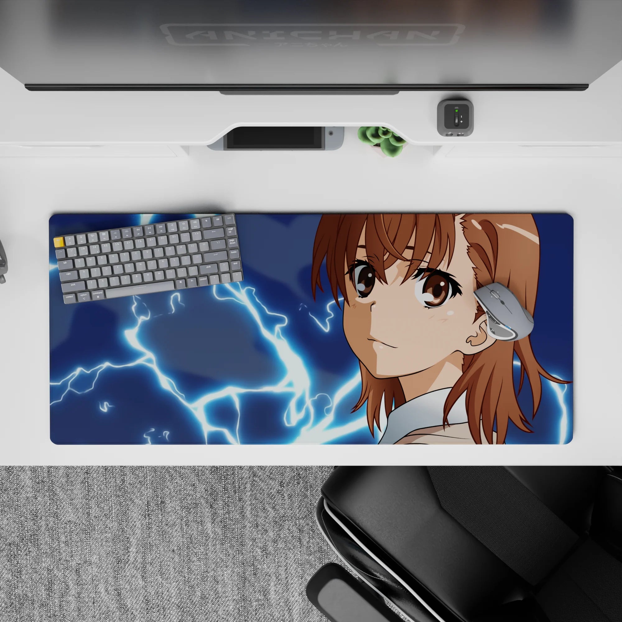 Neon-blue electric sparks on deep midnight tones anime desk pad 36x16 inches, crisp print for gaming.