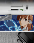 Neon-blue electric sparks on deep midnight tones anime desk pad 36x16 inches, crisp print for gaming.