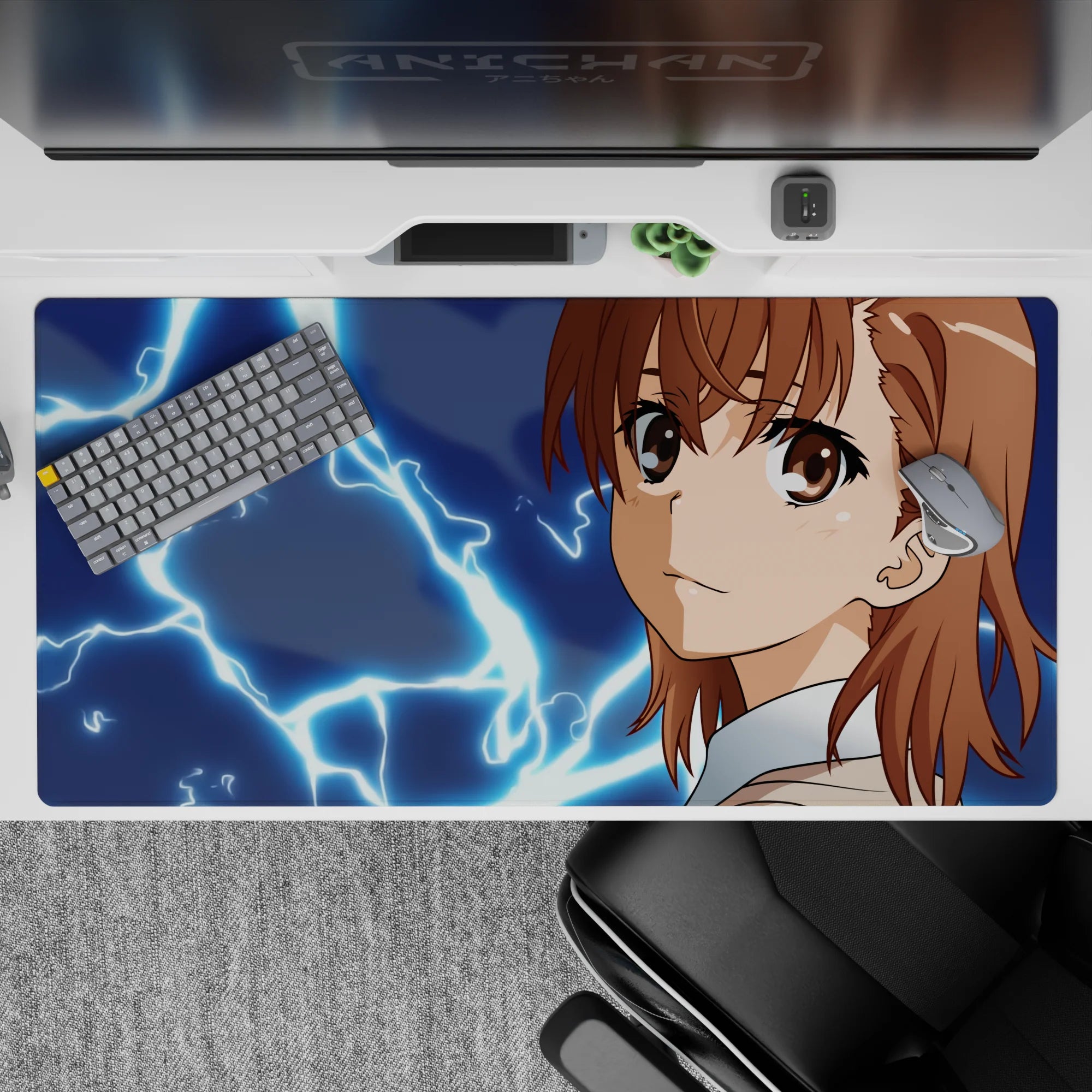 40x20 inches anime desk pad in deep midnight tones with neon-blue sparks, warm brown hair, and bright eyes.