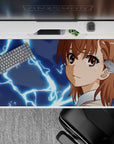 40x20 inches anime desk pad in deep midnight tones with neon-blue sparks, warm brown hair, and bright eyes.