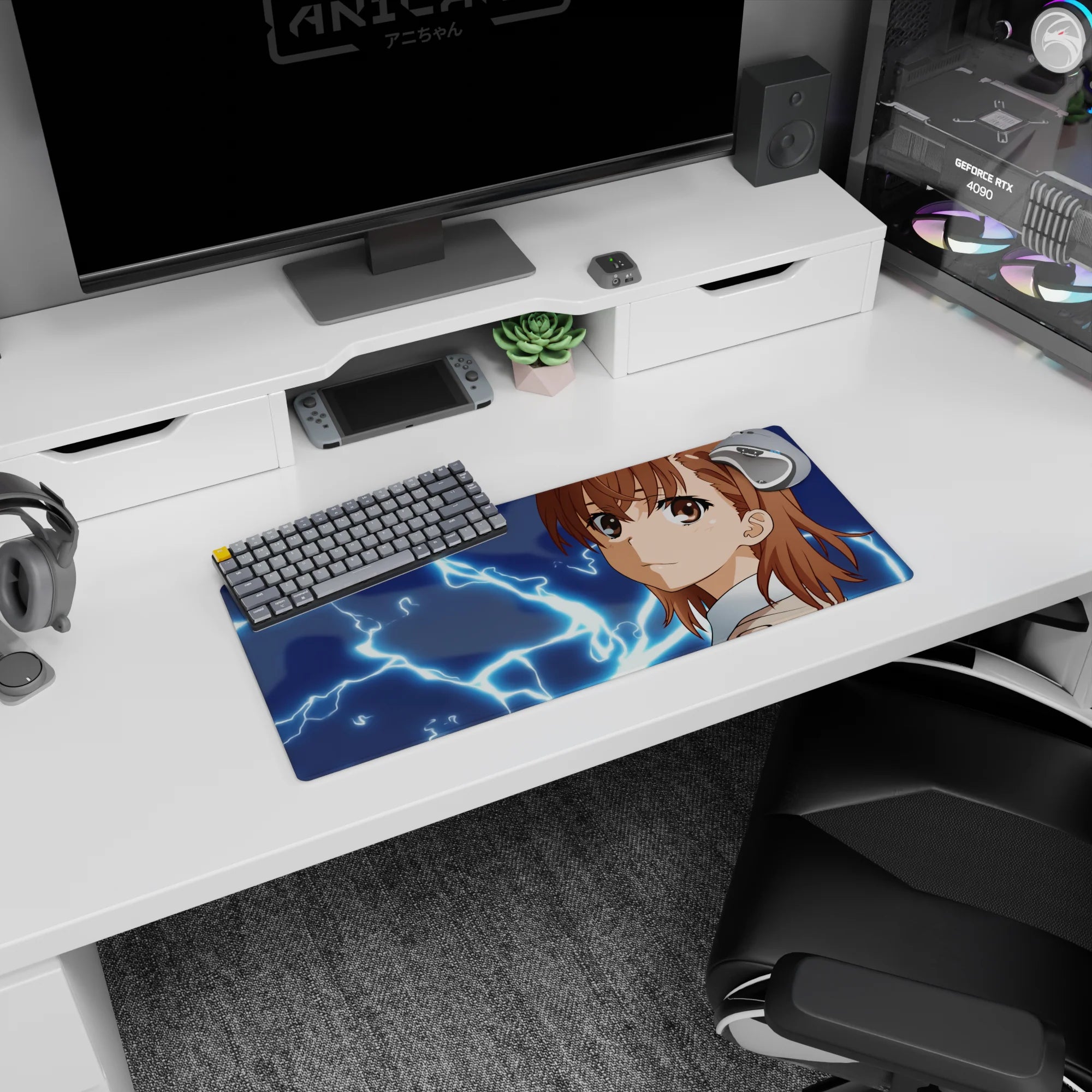 Mikoto Misaka Railgun anime girl mouse pad 28x12 inches, calm smirk before electricity crackles.
