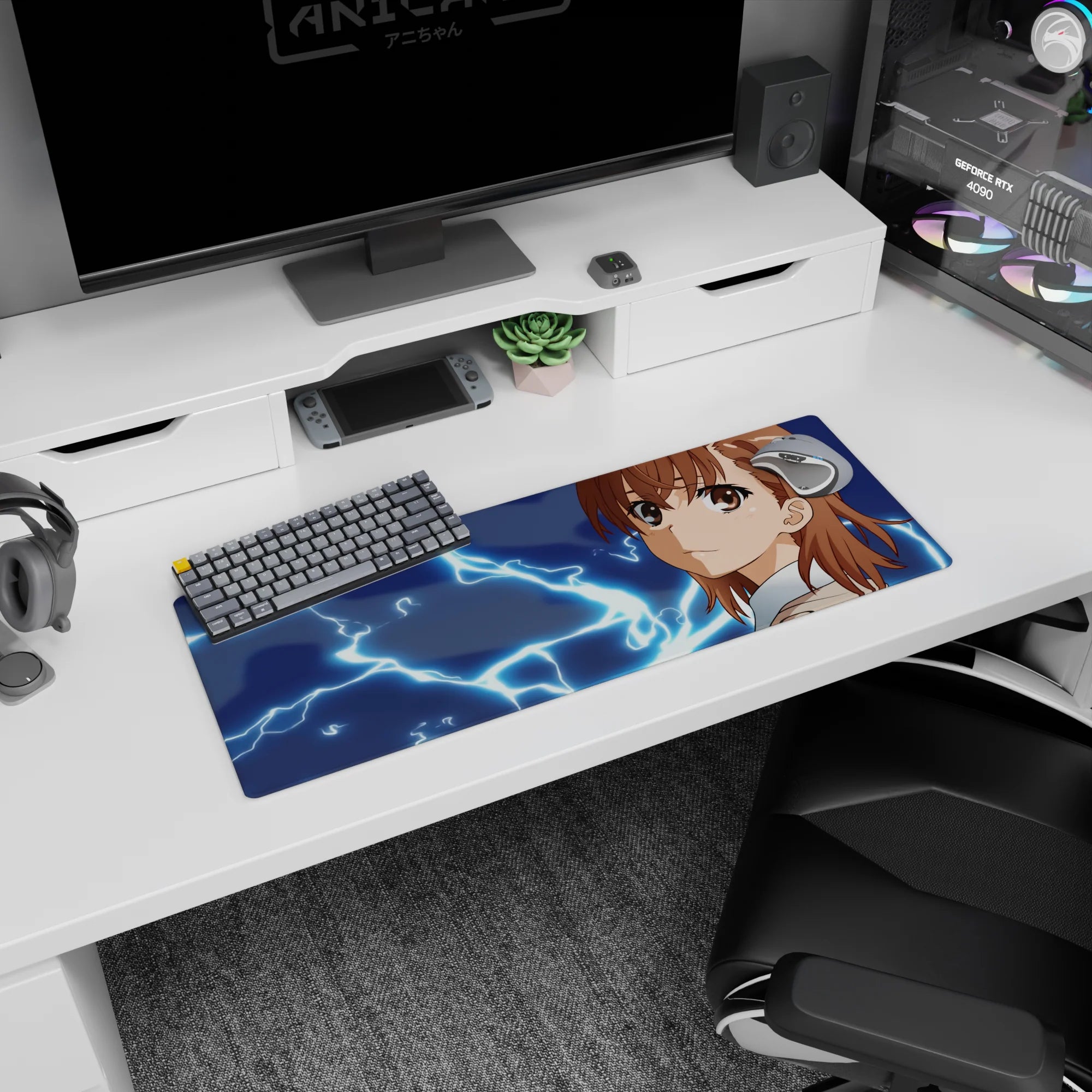 32x12 inches Mikoto Misaka Railgun mouse pad, calm smirk with crackling blue electricity on a dark backdrop.