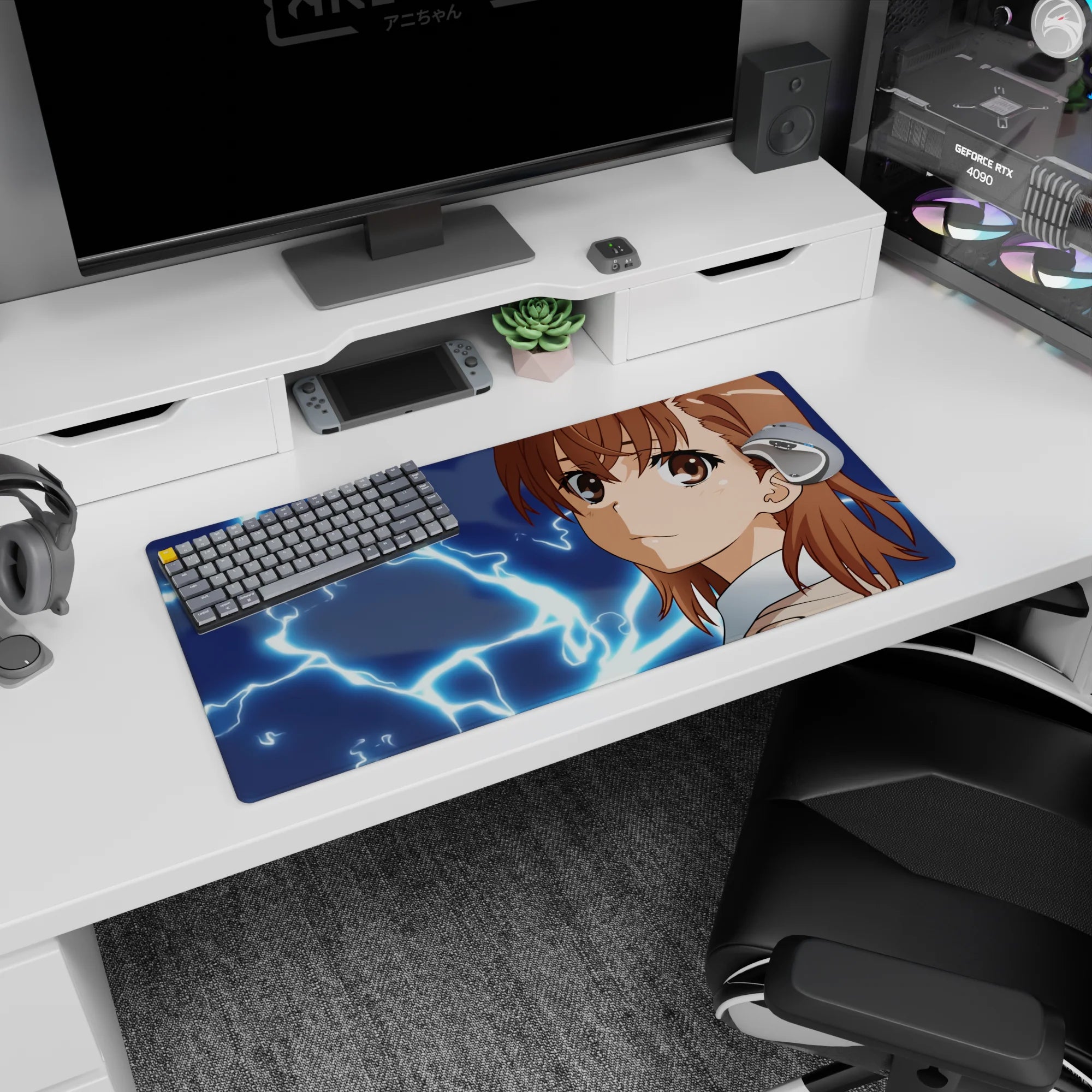 32x16 inches Mikoto Misaka Railgun mouse pad, calm smirk and blue lightning storm scene on desk mat.